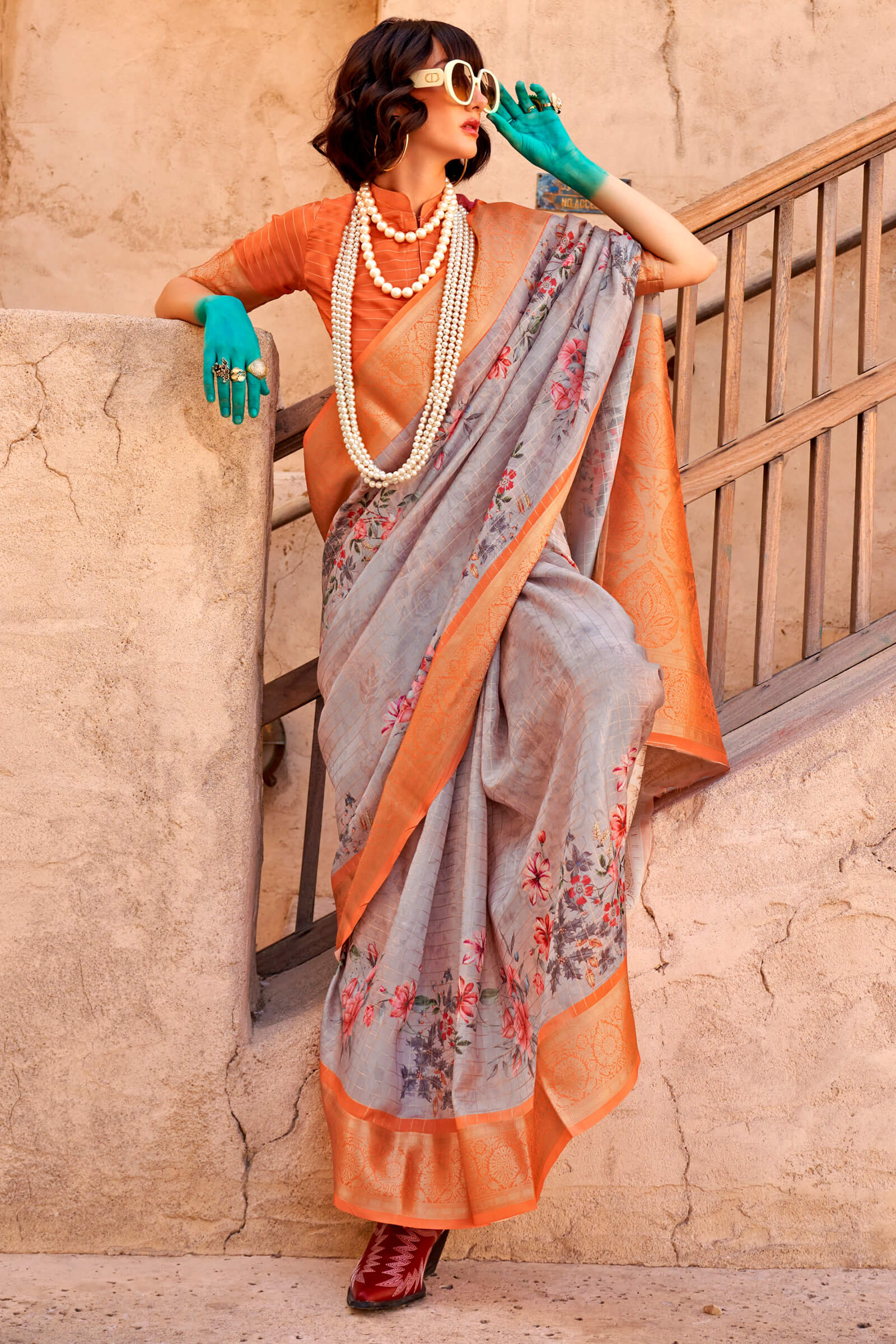 Profuse Grey Digital Printed Cotton Silk Saree With Lagniappe Blouse Piece