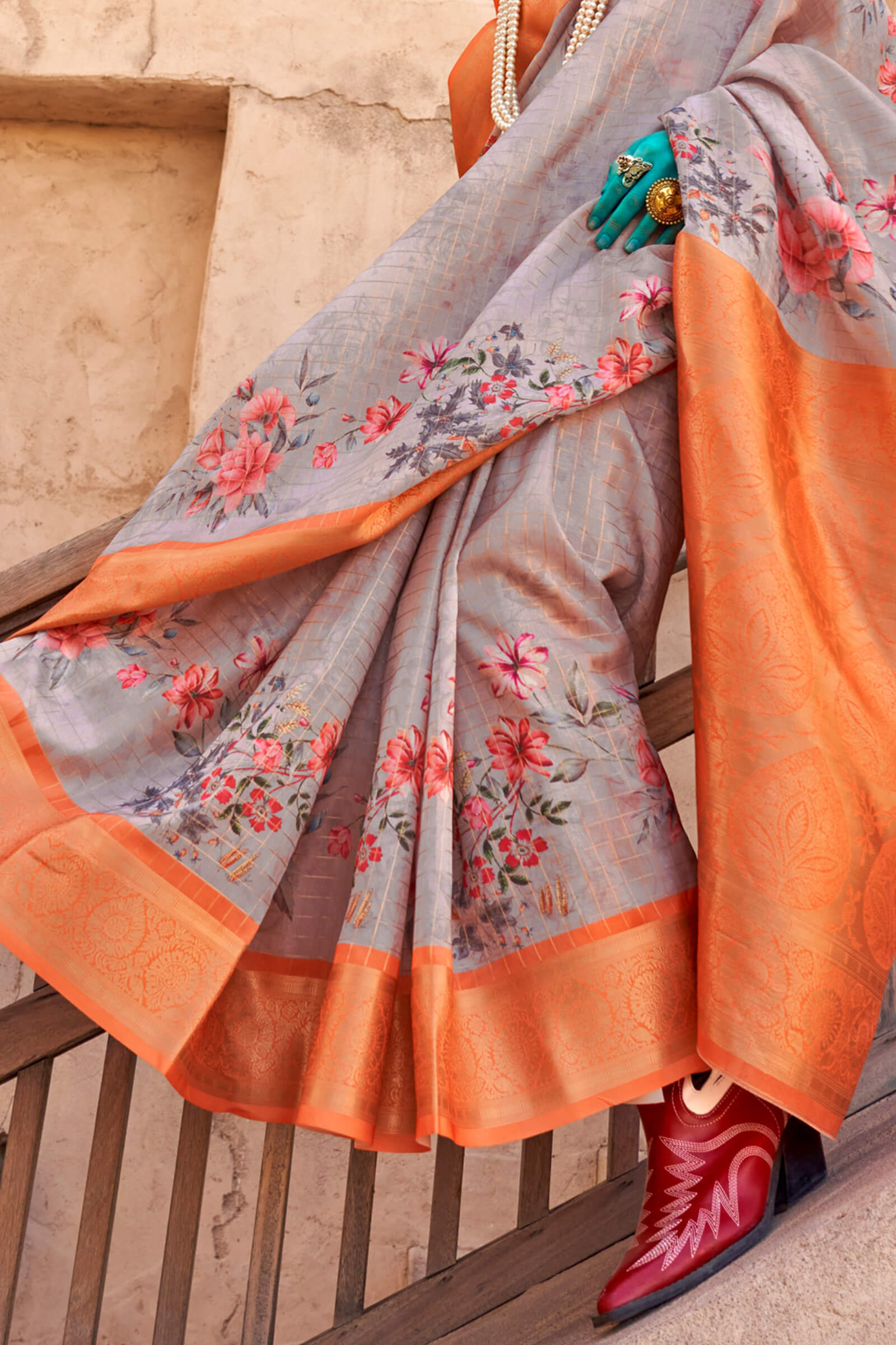 Profuse Grey Digital Printed Cotton Silk Saree With Lagniappe Blouse Piece