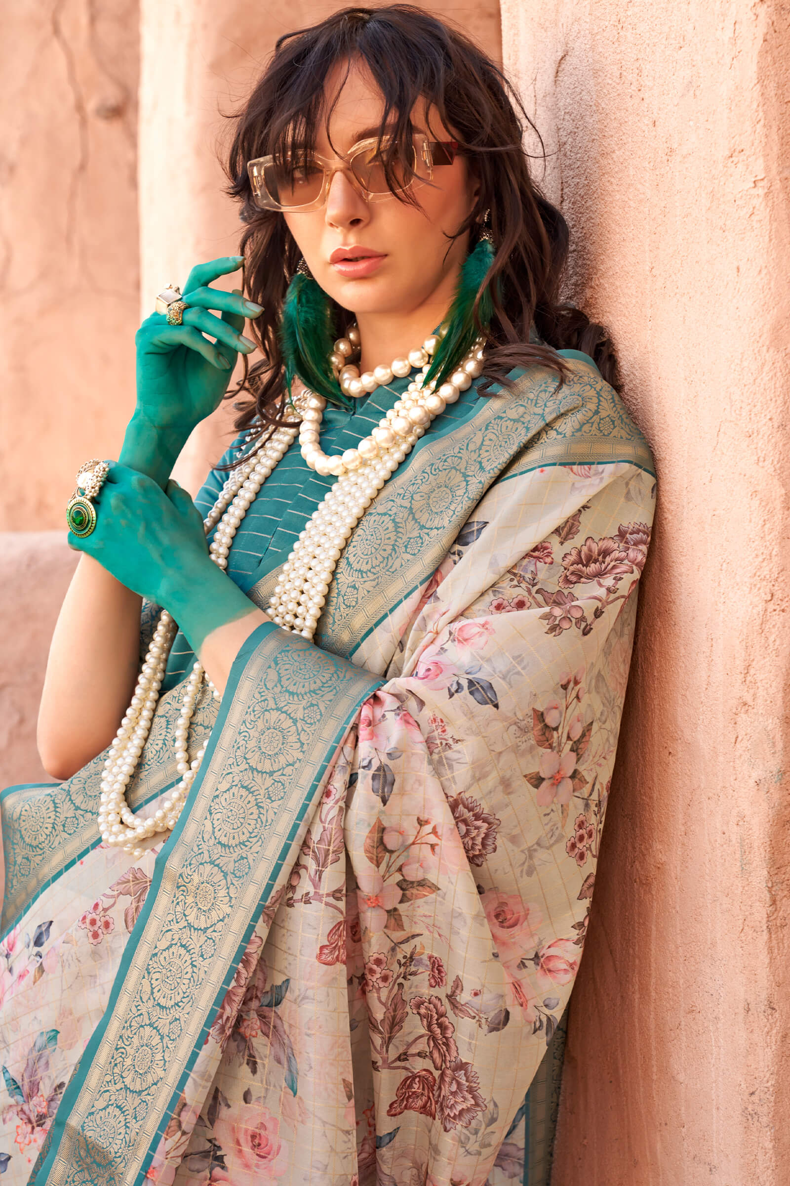 Majesty Beige Digital Printed Cotton Silk Saree With Alluring Blouse Piece