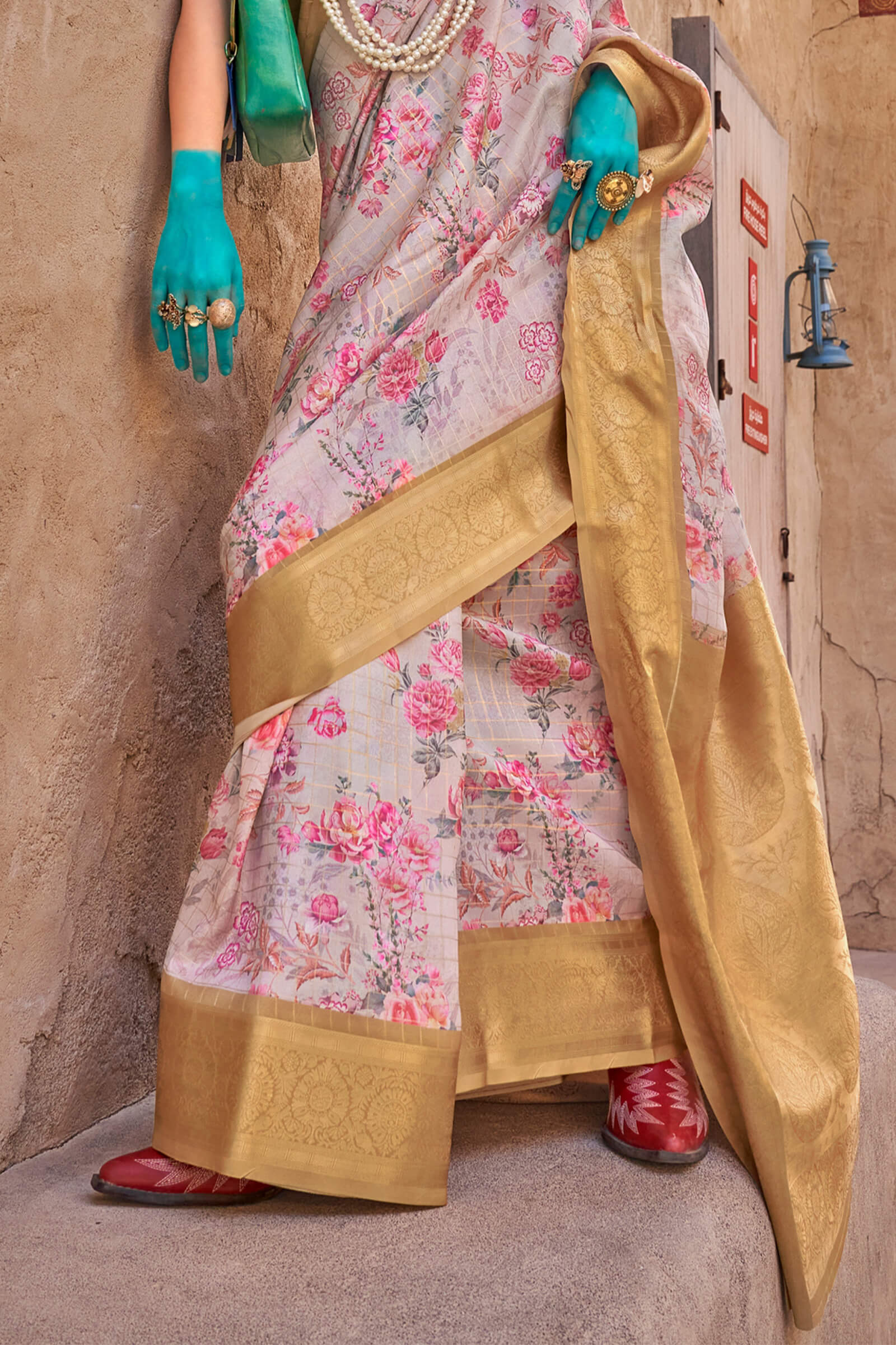 Staggering Beige Digital Printed Cotton Silk Saree With Fragrant Blouse Piece