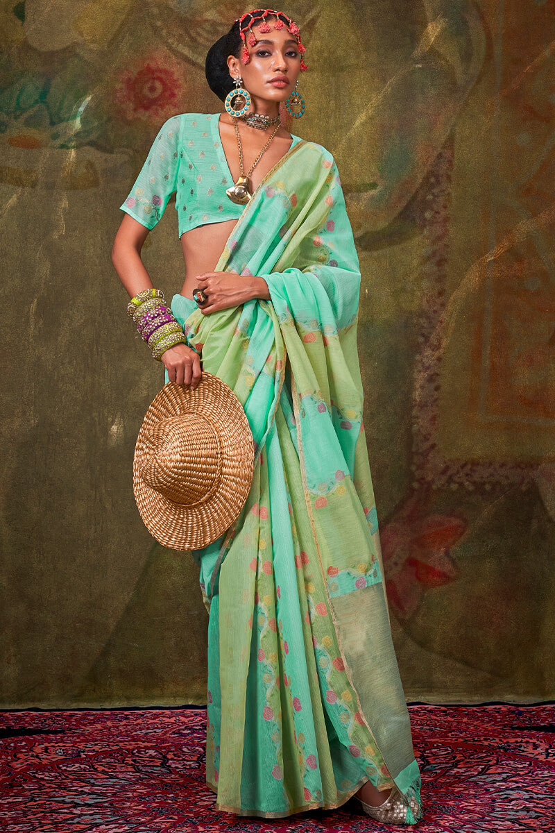 Bewitching Turquoise Cotton Silk Saree With Desirable Blouse Piece
