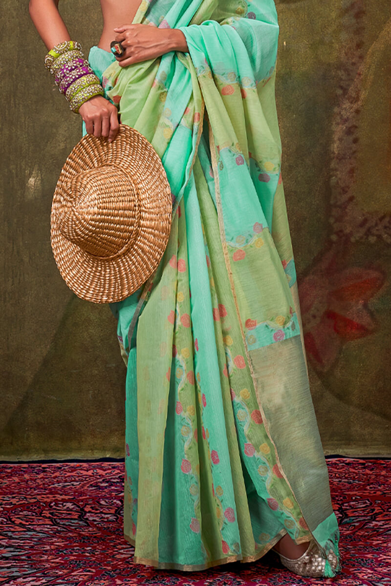 Bewitching Turquoise Cotton Silk Saree With Desirable Blouse Piece