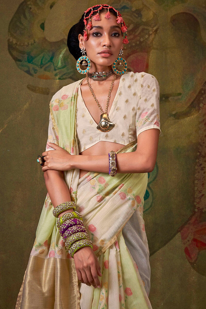 Whimsical Beige and Pista Cotton Silk Saree With Seraphic Blouse Piece
