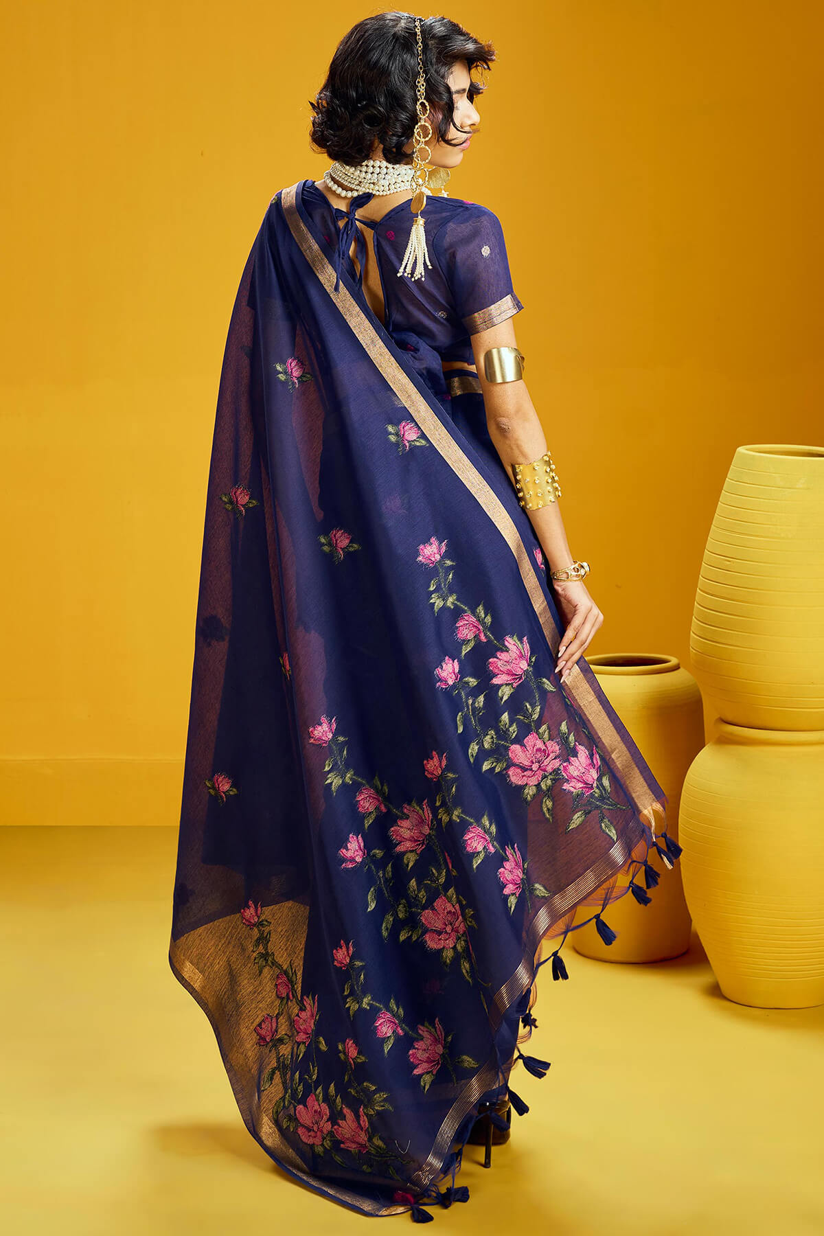 Phenomenal Navy Blue Pure Munga Cotton Saree With Comely Blouse Piece