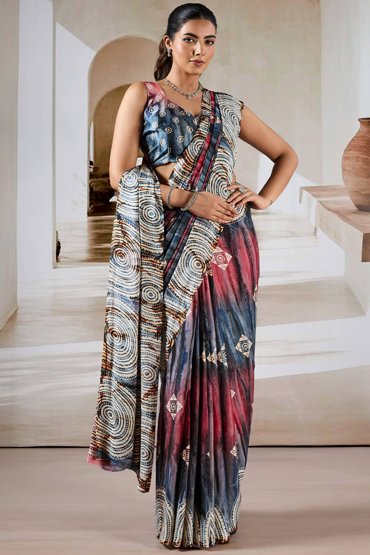 Attractive Grey Digital Printed Satin Silk Saree With Deserving Blouse Piece