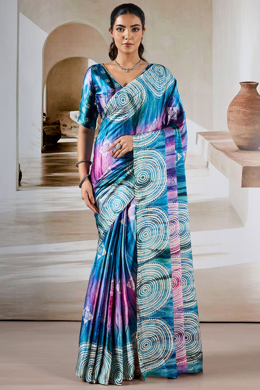 Attractive Blue Digital Printed Satin Silk Saree With Fantabulous Blouse Piece