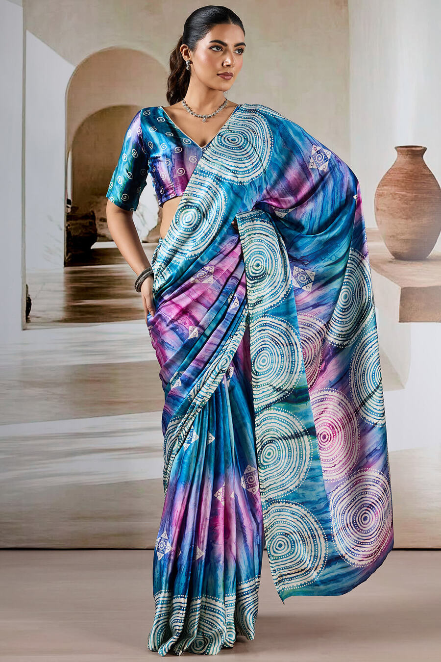 Attractive Blue Digital Printed Satin Silk Saree With Fantabulous Blouse Piece