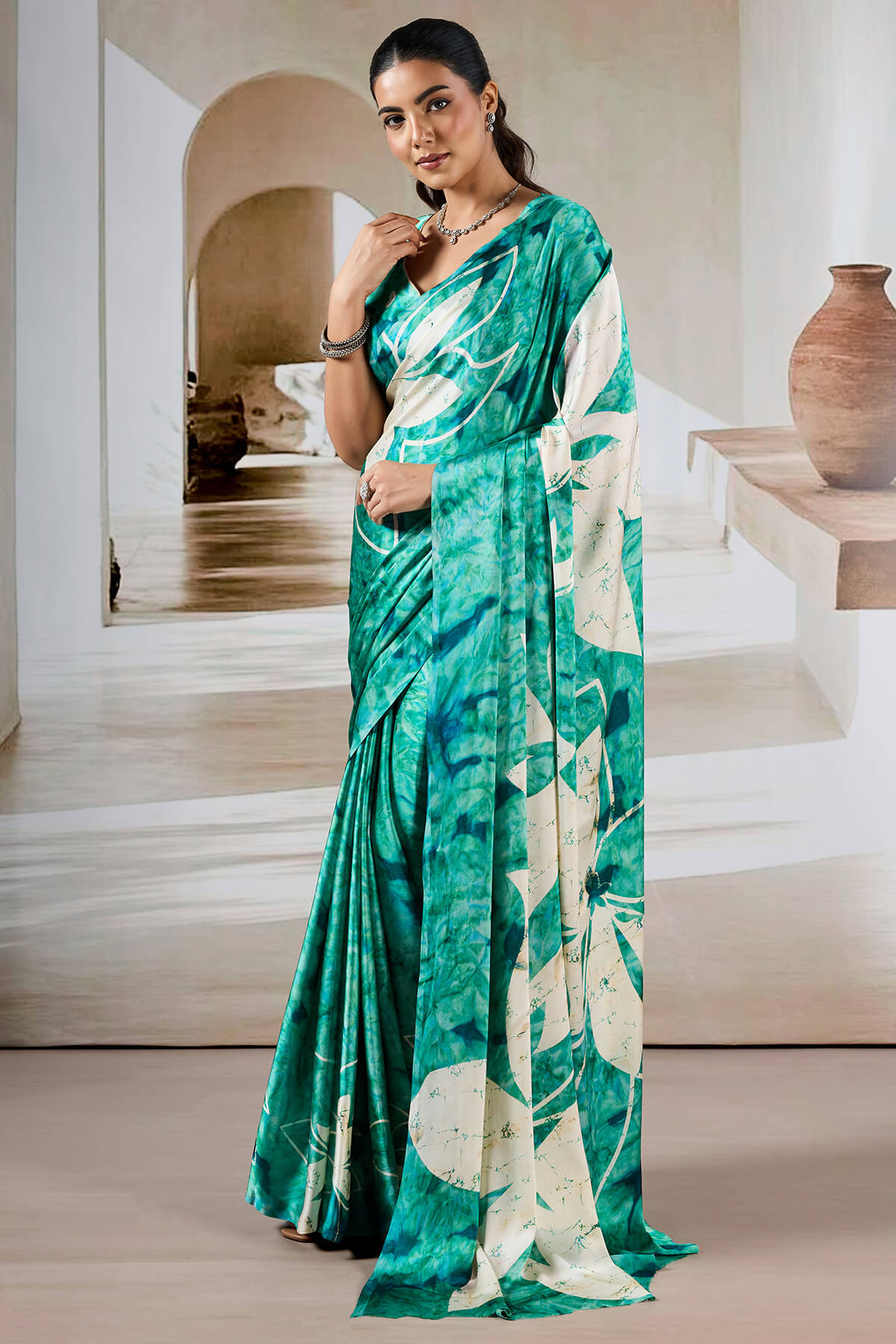 Attractive Turquoise Digital Printed Satin Silk Saree With Amazing Blouse Piece