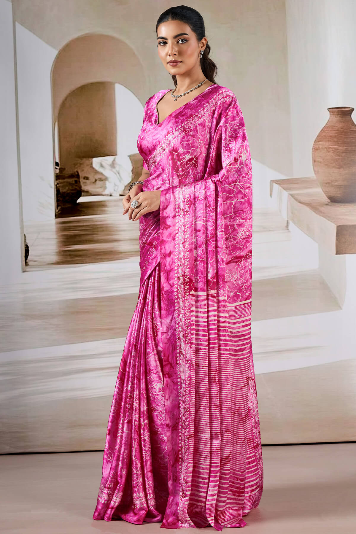 Attractive Dark Pink Digital Printed Satin Silk Saree With Arresting Blouse Piece