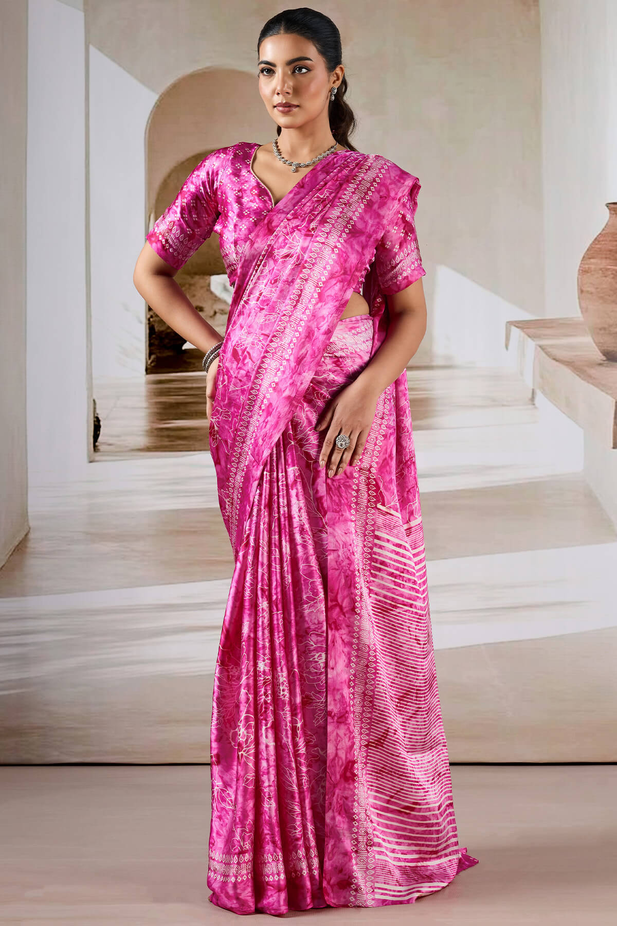 Attractive Dark Pink Digital Printed Satin Silk Saree With Arresting Blouse Piece