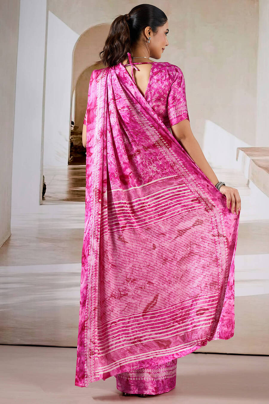 Attractive Dark Pink Digital Printed Satin Silk Saree With Arresting Blouse Piece