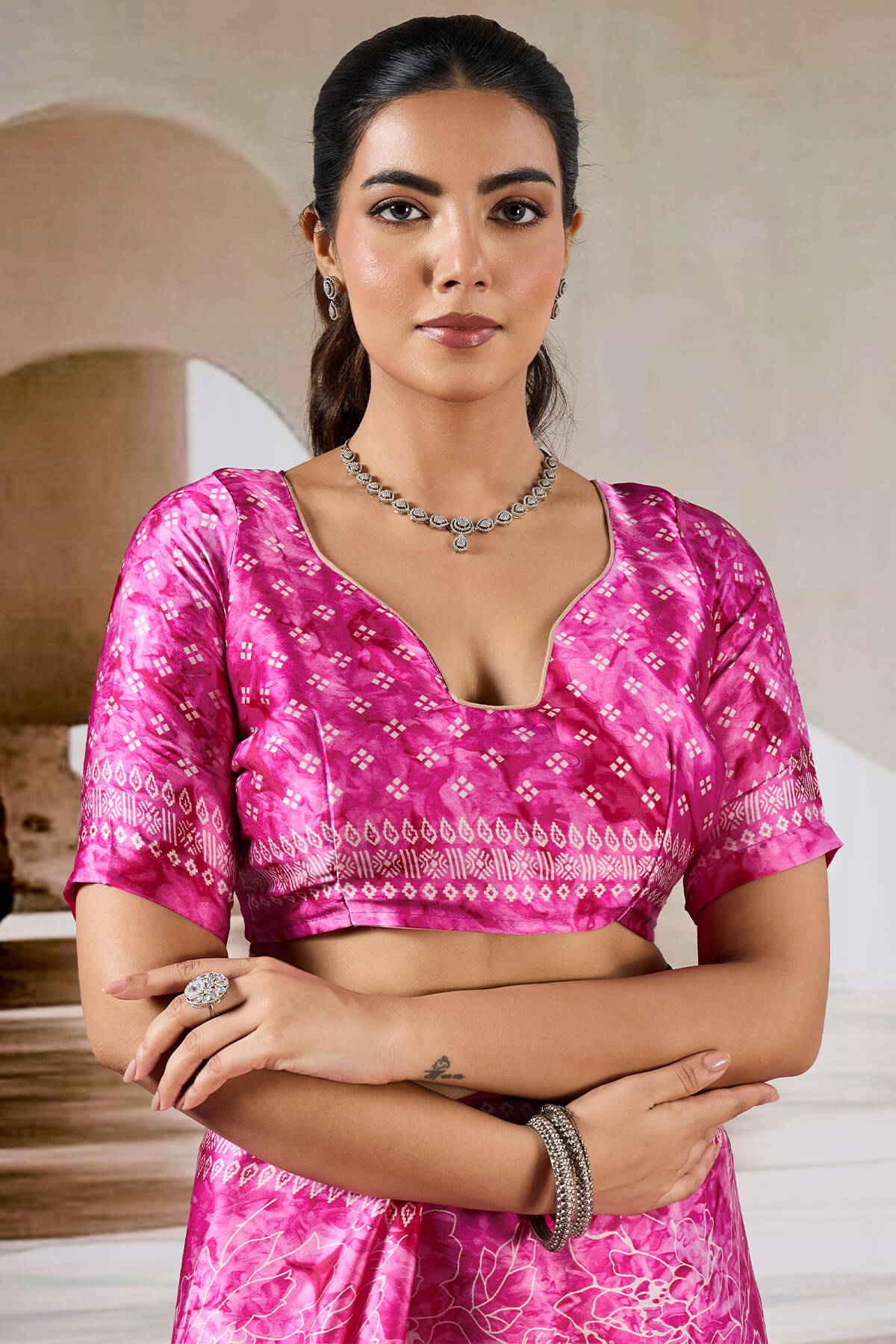 Attractive Dark Pink Digital Printed Satin Silk Saree With Arresting Blouse Piece