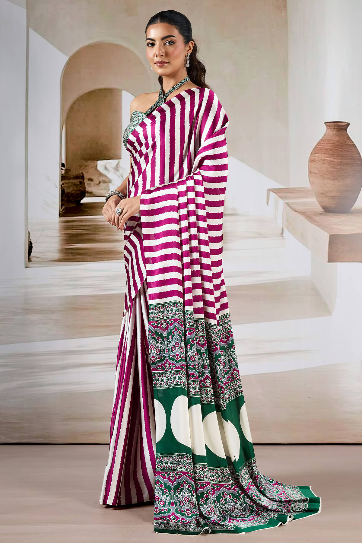 Nebula Wine Ajrakh Printed Satin Silk Saree With Quixotic Blouse Piece
