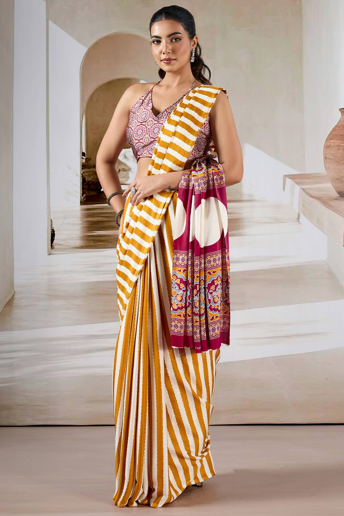 Bucolic Yellow Ajrakh Printed Satin Silk Saree With Desirable Blouse Piece