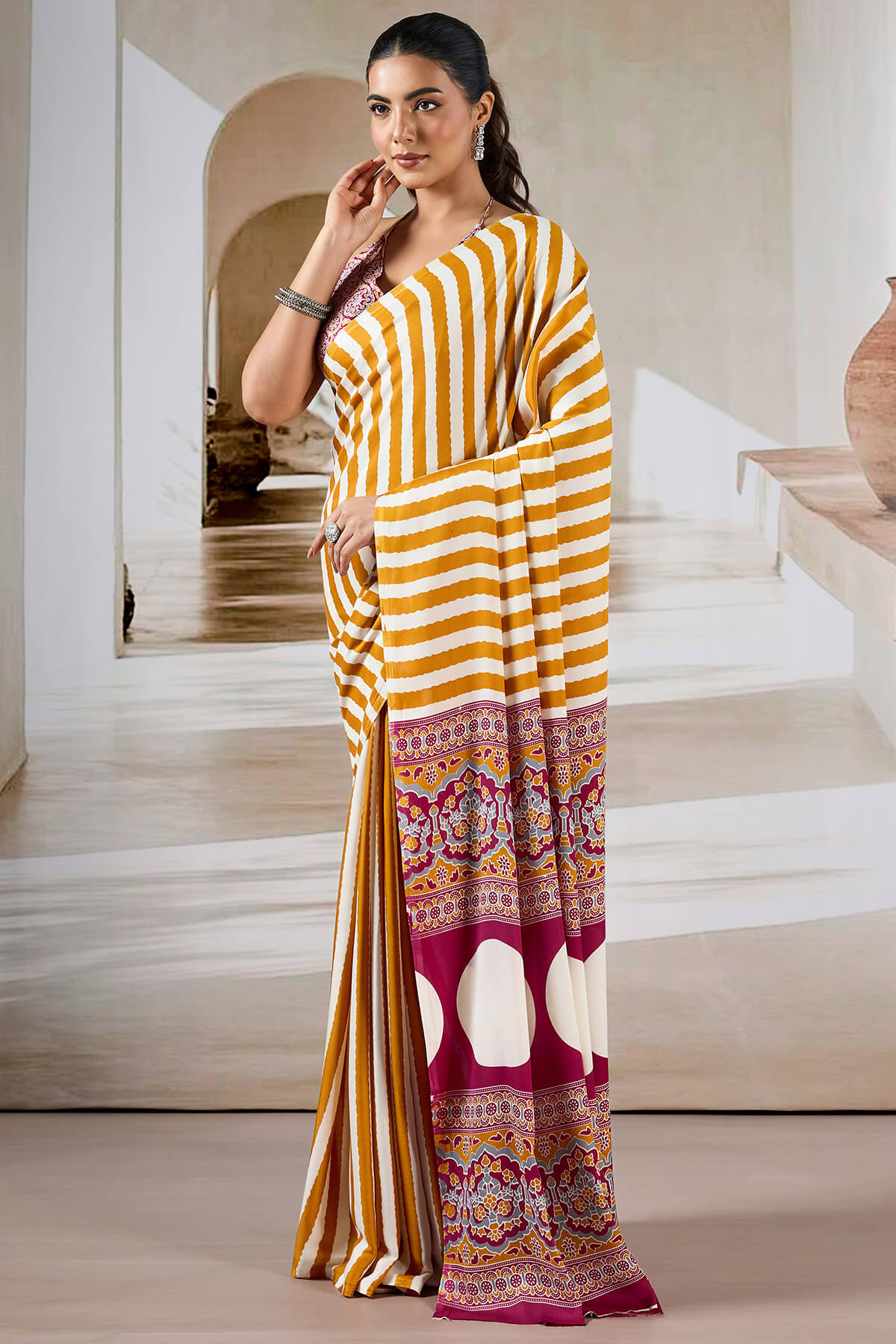 Bucolic Yellow Ajrakh Printed Satin Silk Saree With Desirable Blouse Piece