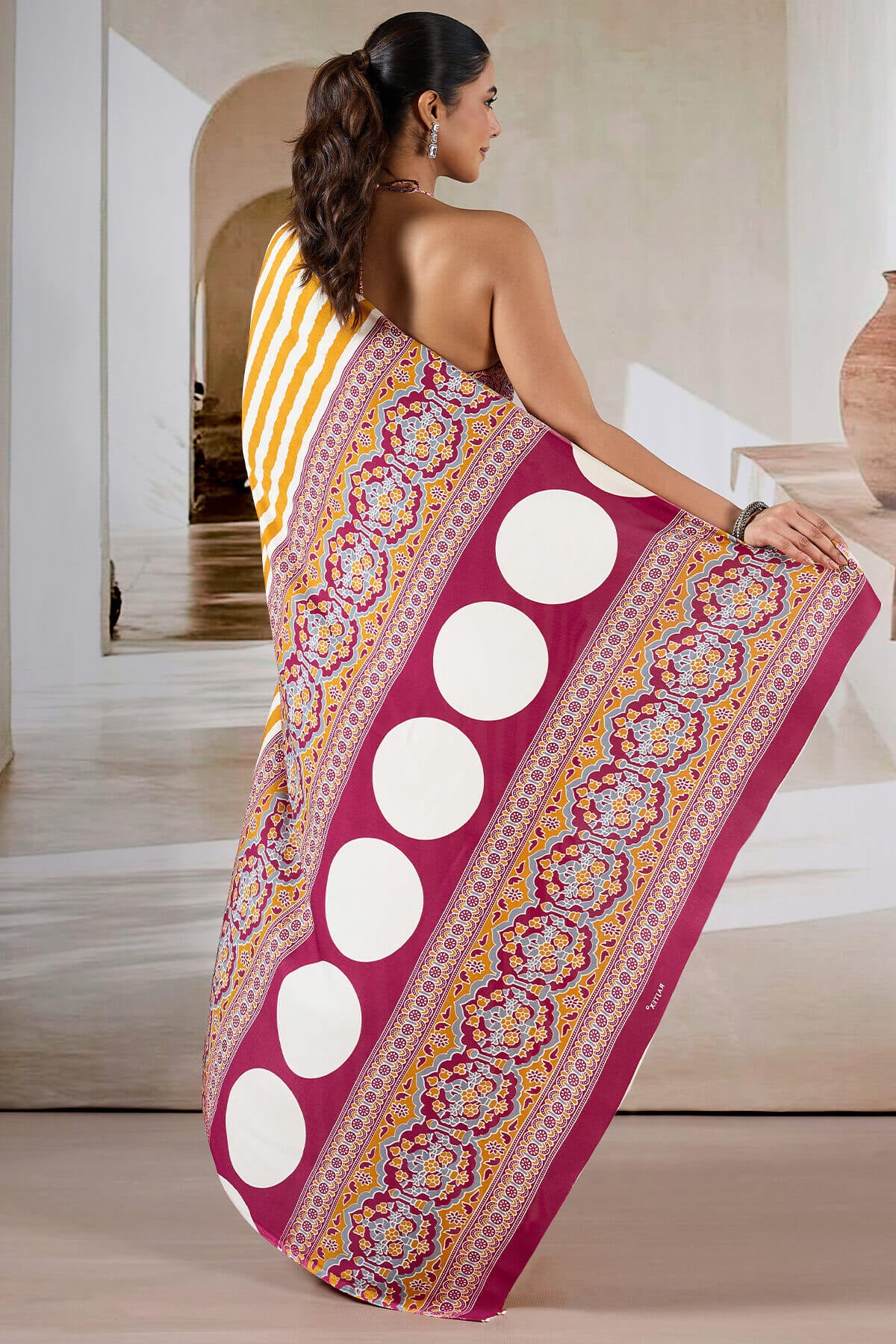 Bucolic Yellow Ajrakh Printed Satin Silk Saree With Desirable Blouse Piece