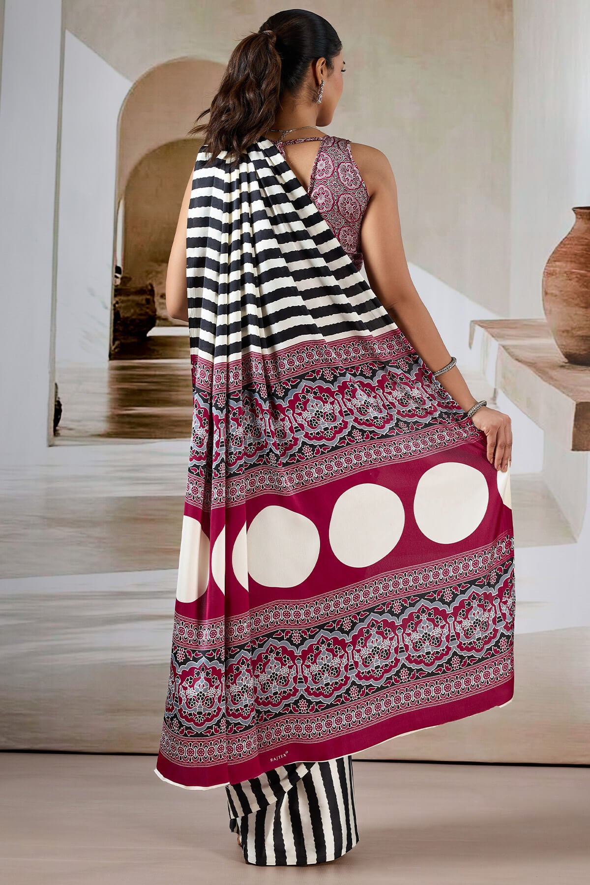 Splendiferous Black Ajrakh Printed Satin Silk Saree With Smashing Blouse Piece