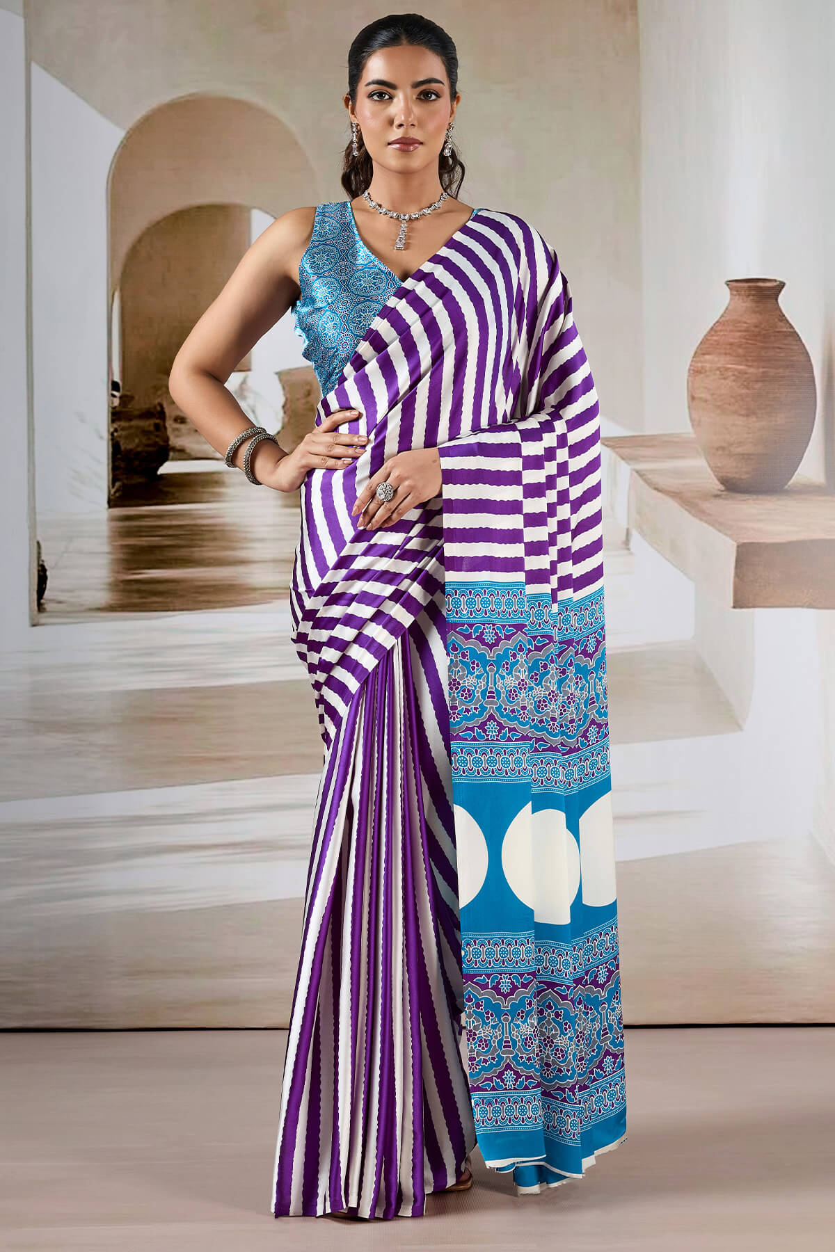 Sizzling Purple Ajrakh Printed Satin Silk Saree With Gossamer Blouse Piece