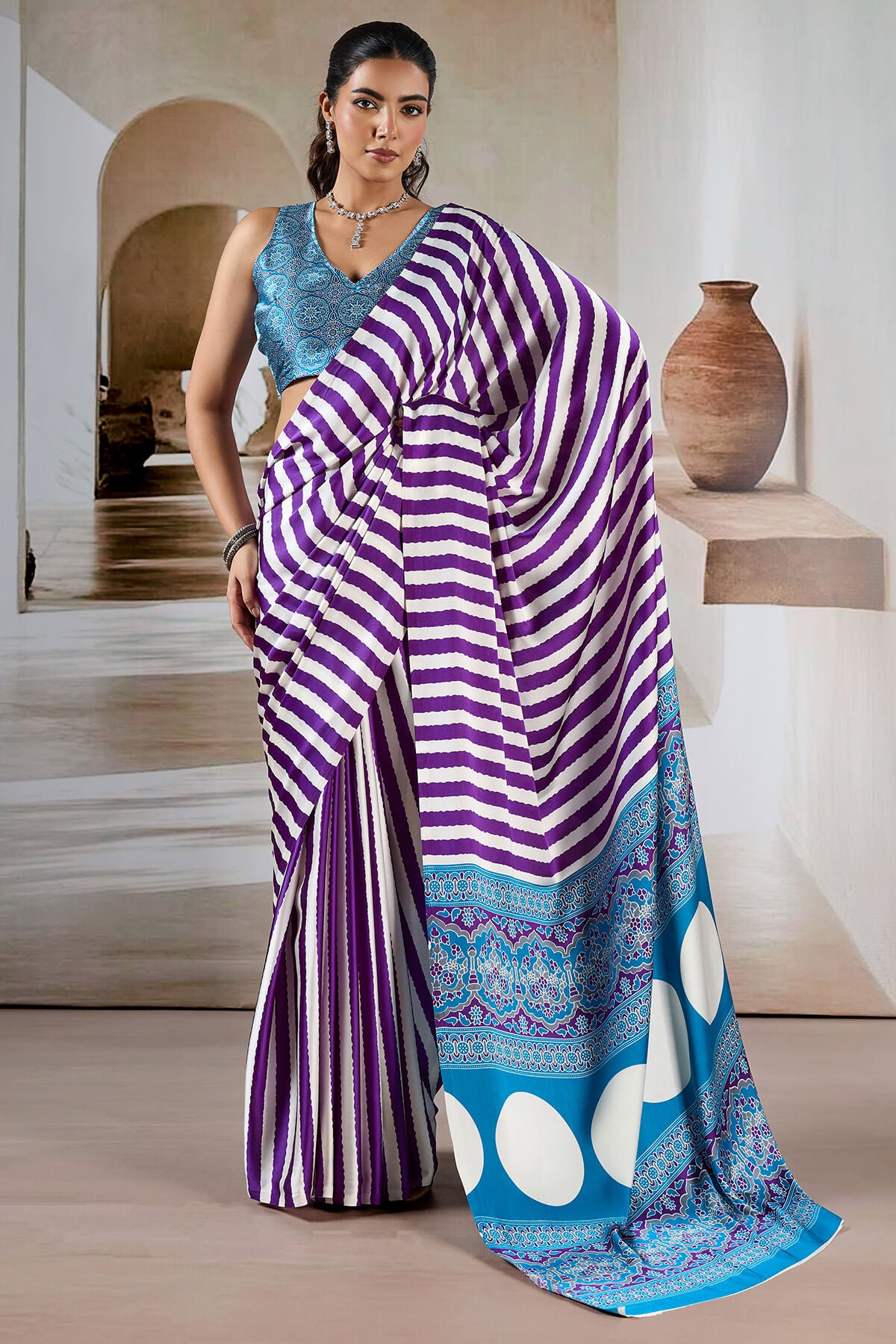Sizzling Purple Ajrakh Printed Satin Silk Saree With Gossamer Blouse Piece