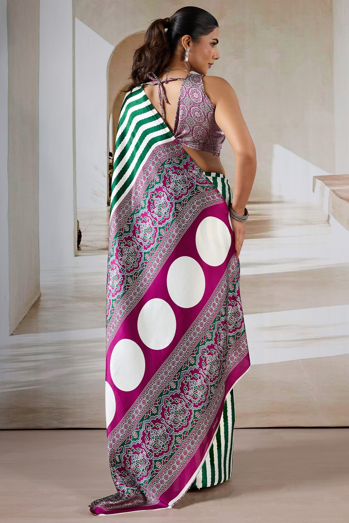 Assemblage Green Ajrakh Printed Satin Silk Saree With Felicitous Blouse Piece