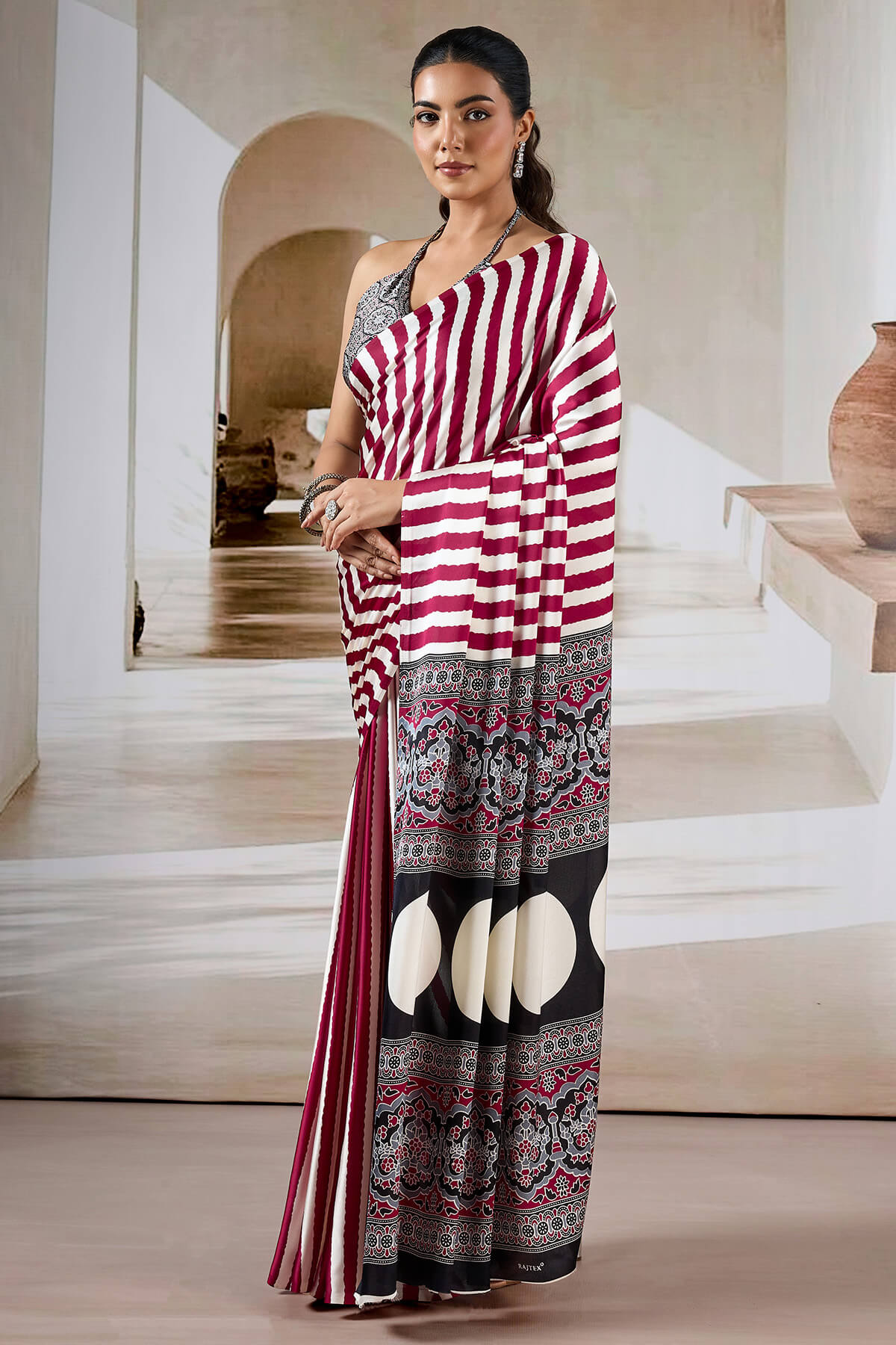 Enthralling Maroon Ajrakh Printed Satin Silk Saree With Divine Blouse Piece