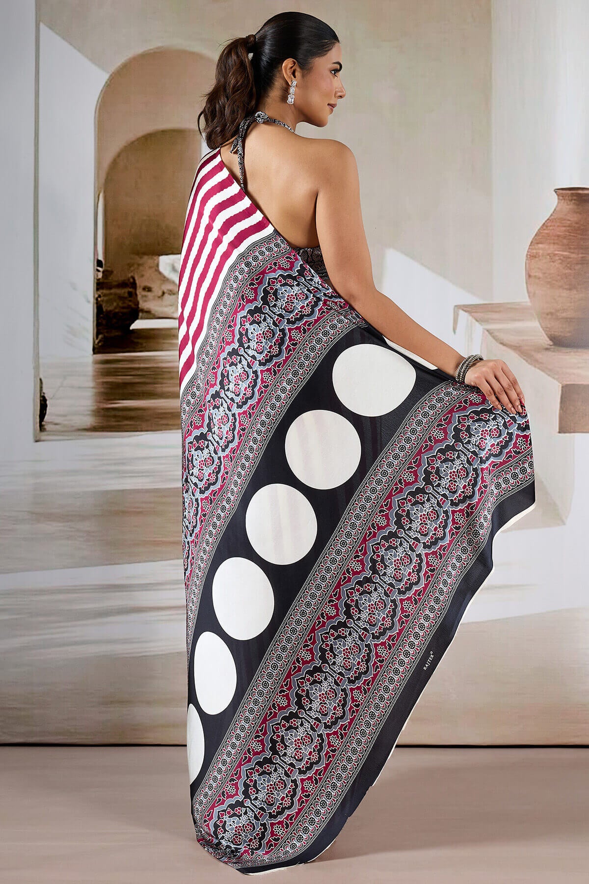 Enthralling Maroon Ajrakh Printed Satin Silk Saree With Divine Blouse Piece