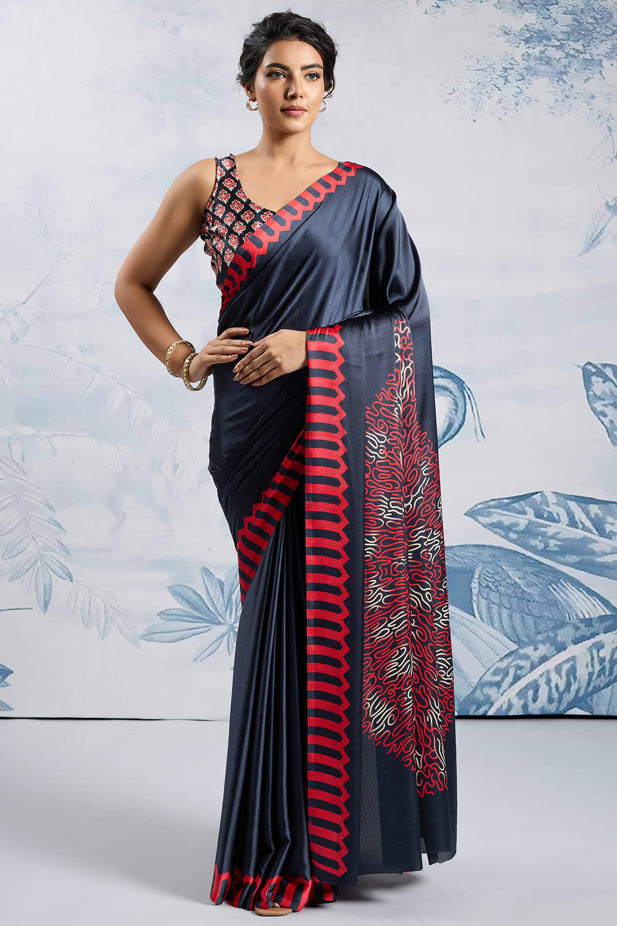 Delectable Black Ajrakh Printed Satin Silk Saree With Admirable Blouse Piece
