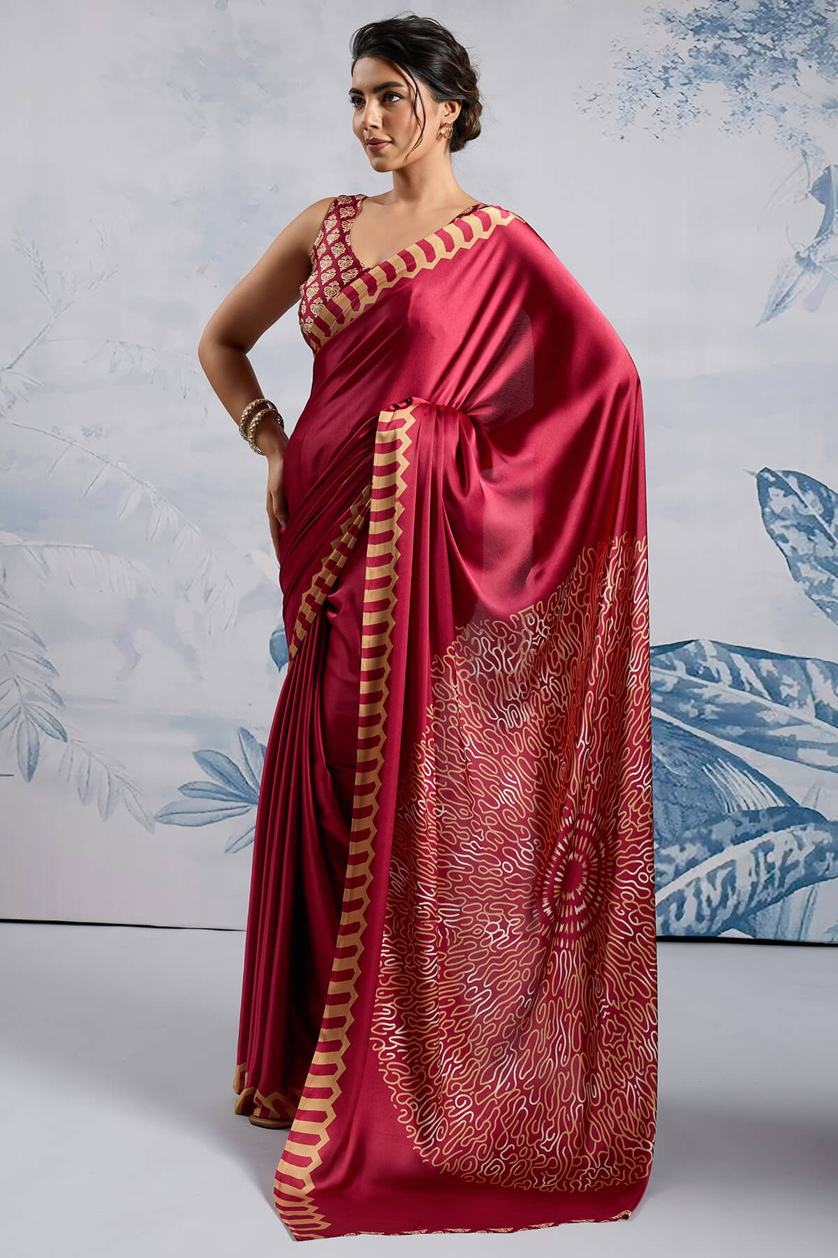 Snazzy Red Ajrakh Printed Satin Silk Saree With Whimsical Blouse Piece