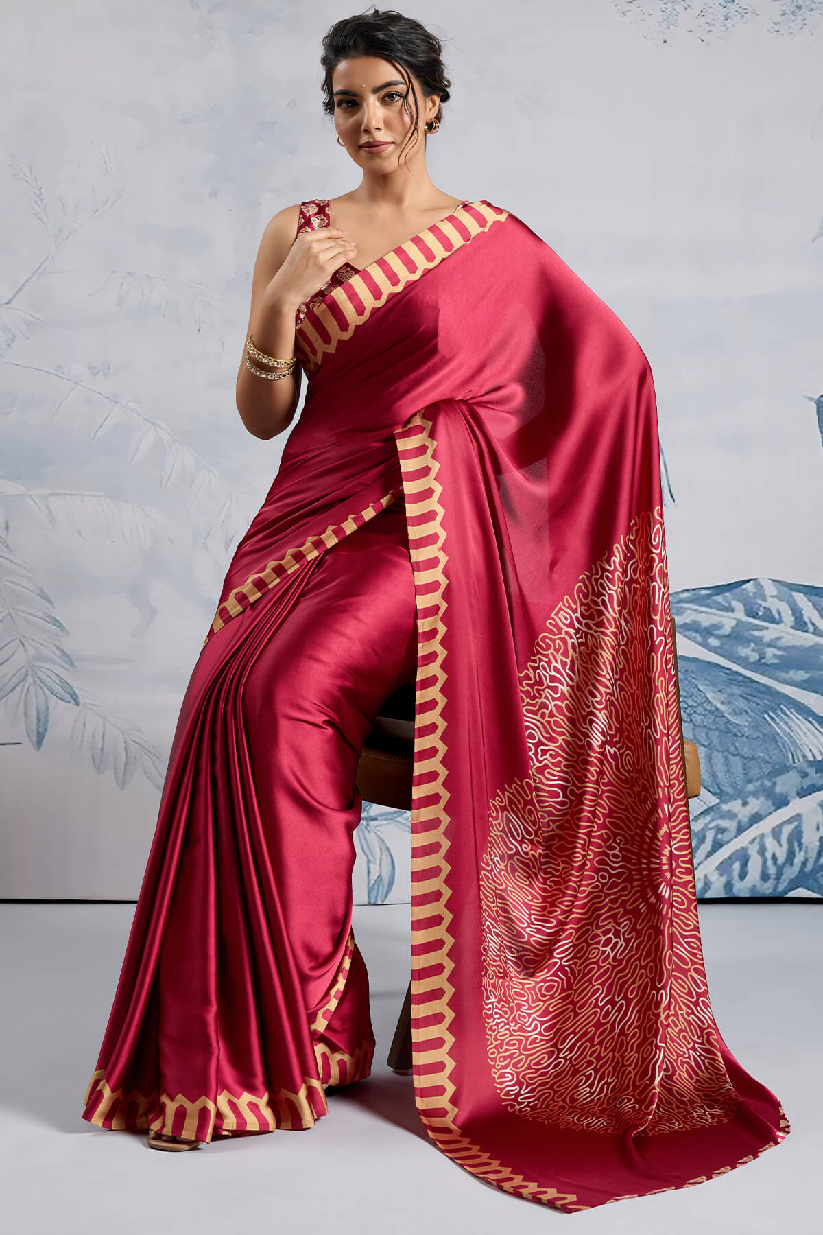 Snazzy Red Ajrakh Printed Satin Silk Saree With Whimsical Blouse Piece