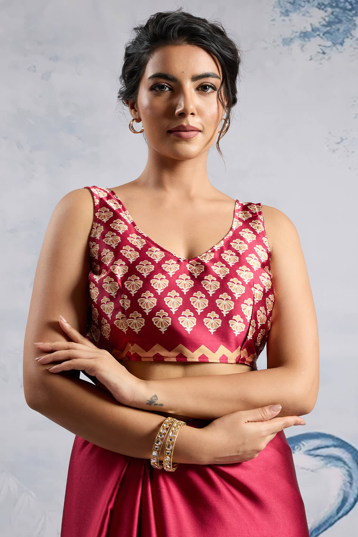 Snazzy Red Ajrakh Printed Satin Silk Saree With Whimsical Blouse Piece