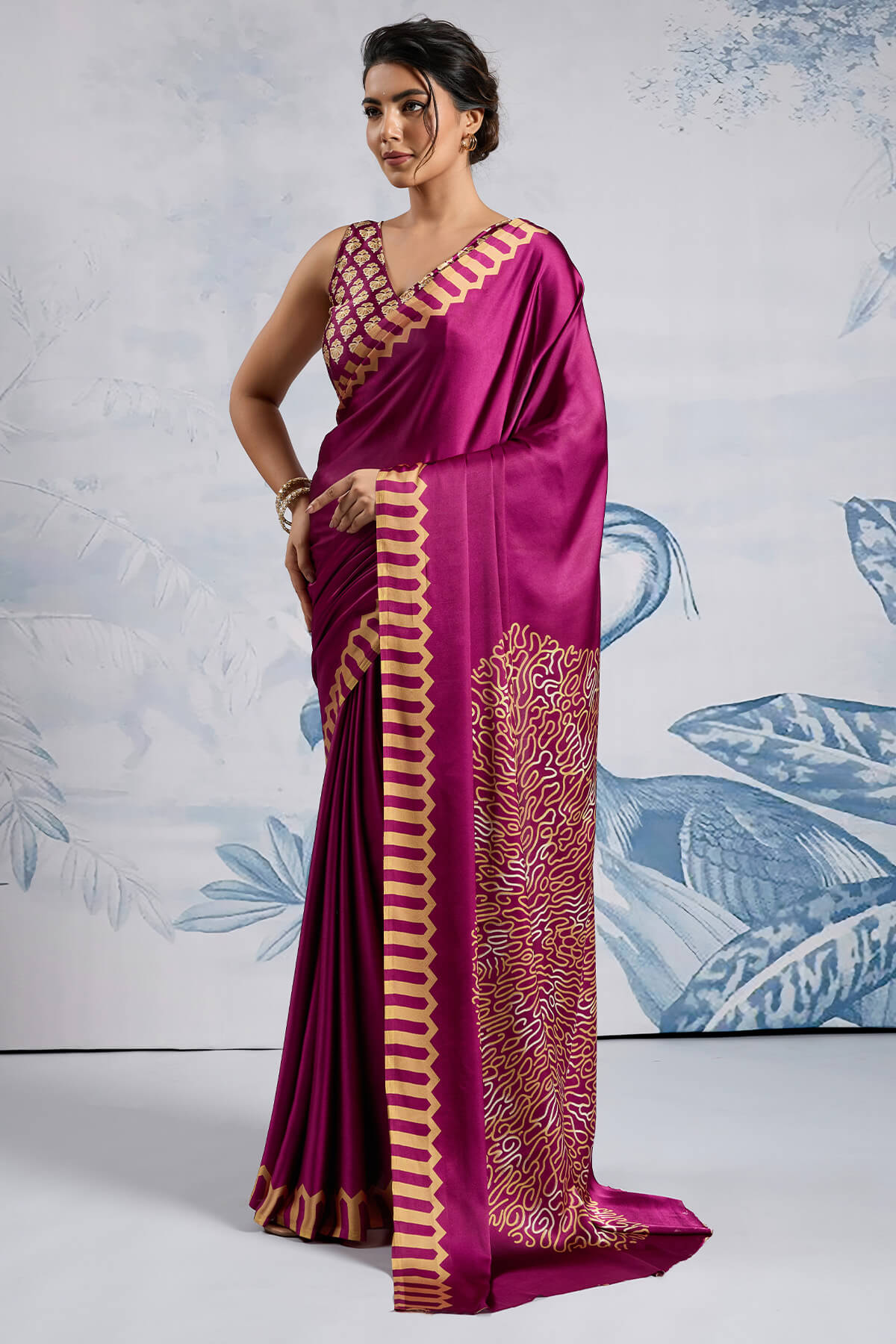 Ebullience Purple Ajrakh Printed Satin Silk Saree With Elaborate Blouse Piece