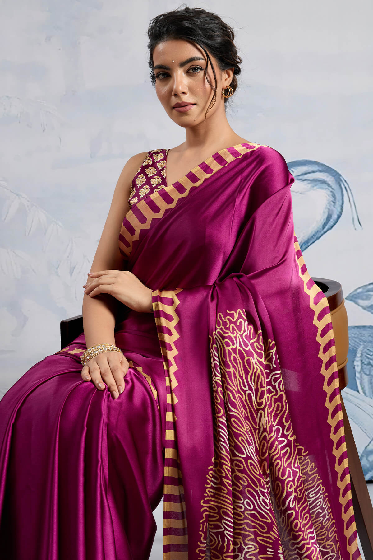 Ebullience Purple Ajrakh Printed Satin Silk Saree With Elaborate Blouse Piece