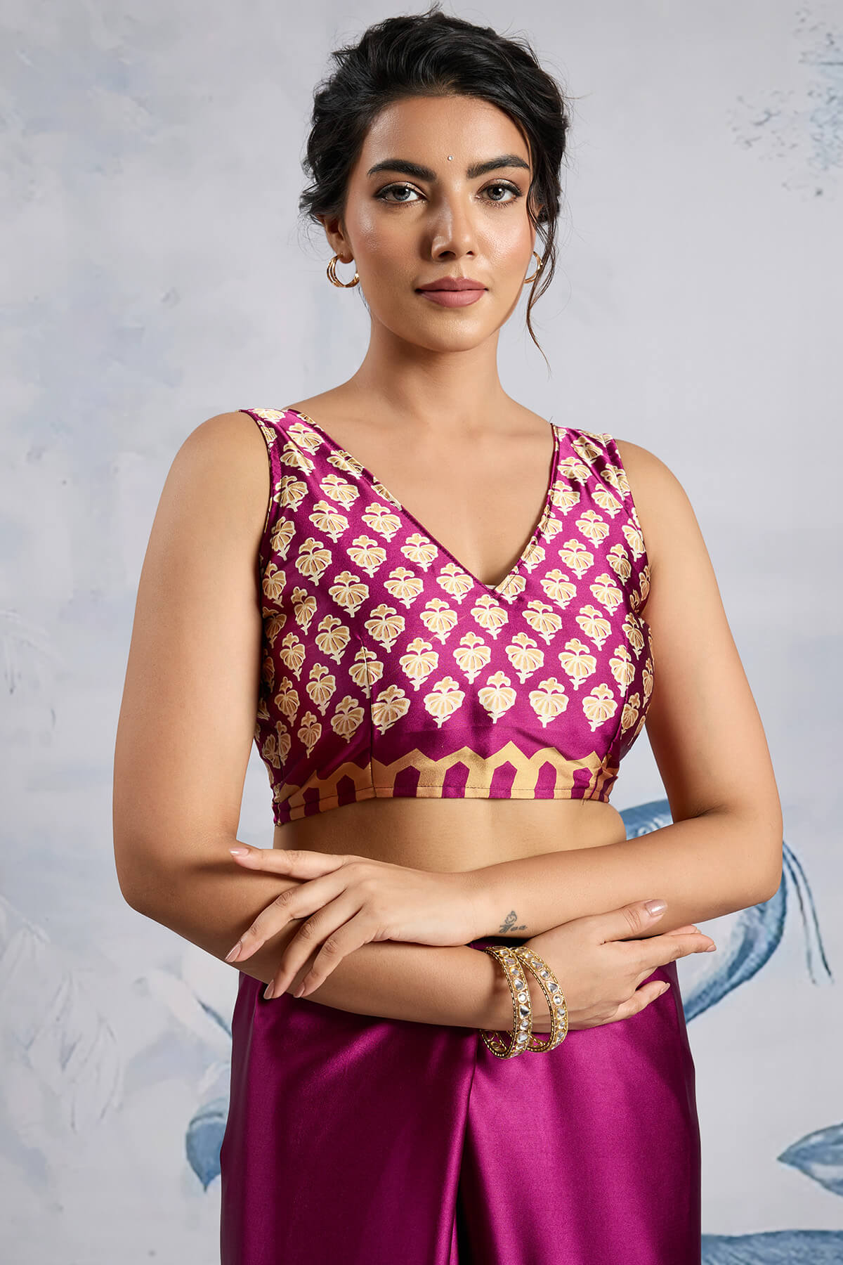 Ebullience Purple Ajrakh Printed Satin Silk Saree With Elaborate Blouse Piece