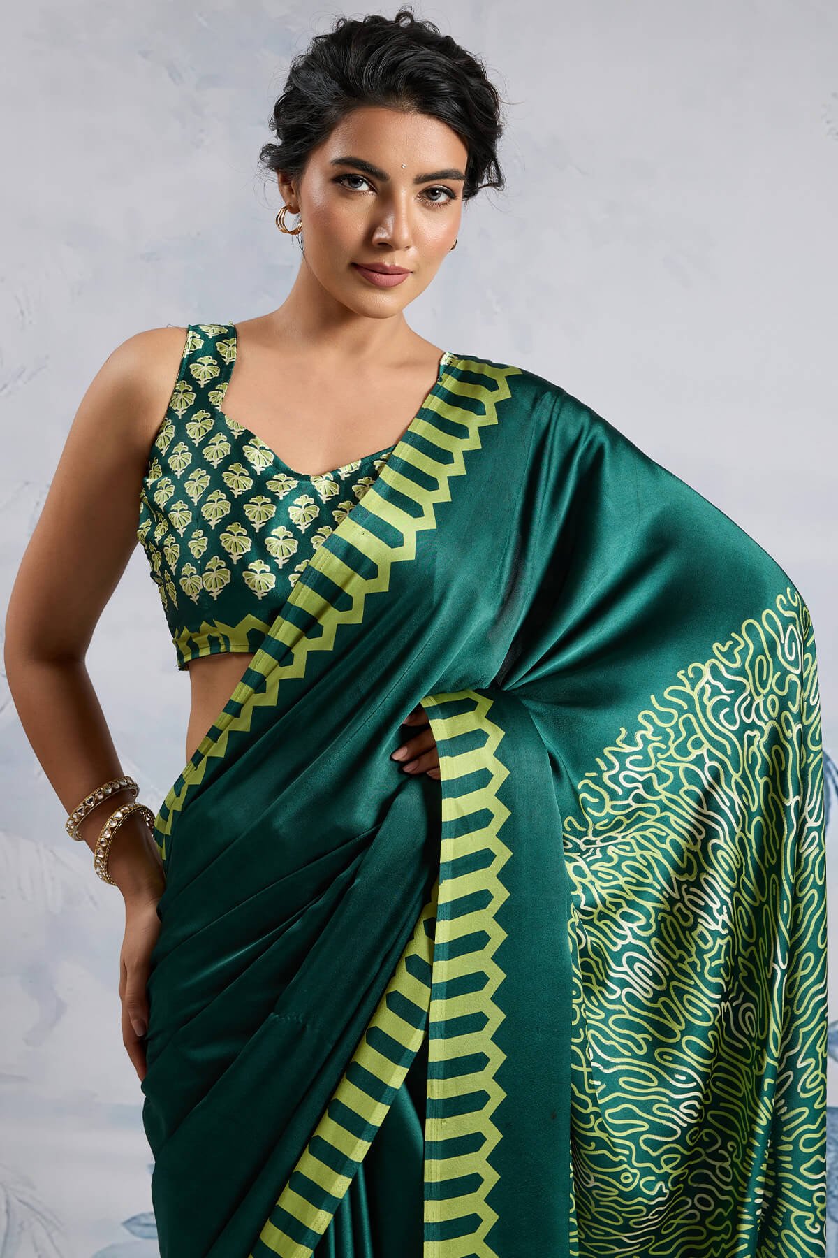 Elision Dark Green Ajrakh Printed Satin Silk Saree With Desiring Blouse Piece