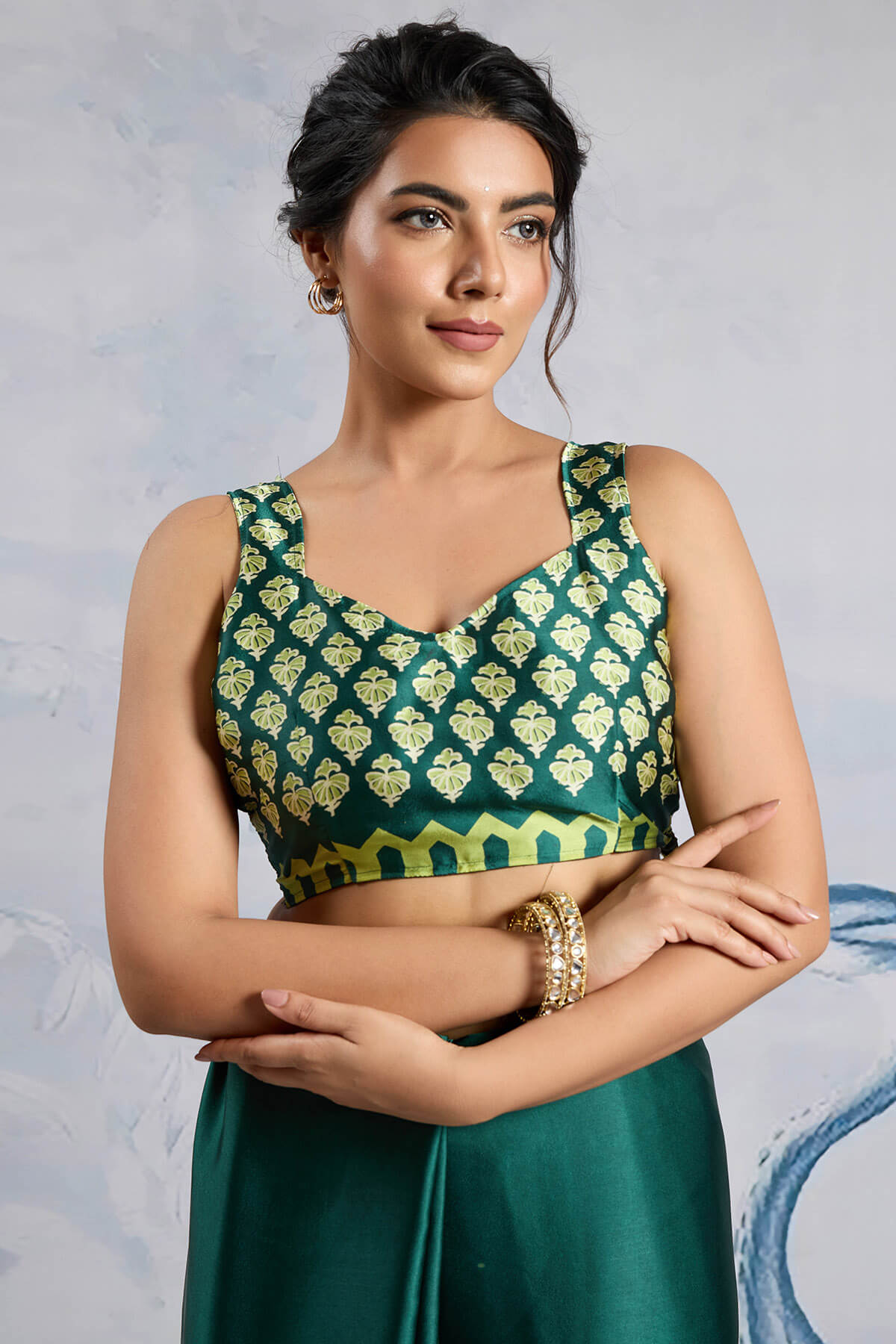 Elision Dark Green Ajrakh Printed Satin Silk Saree With Desiring Blouse Piece