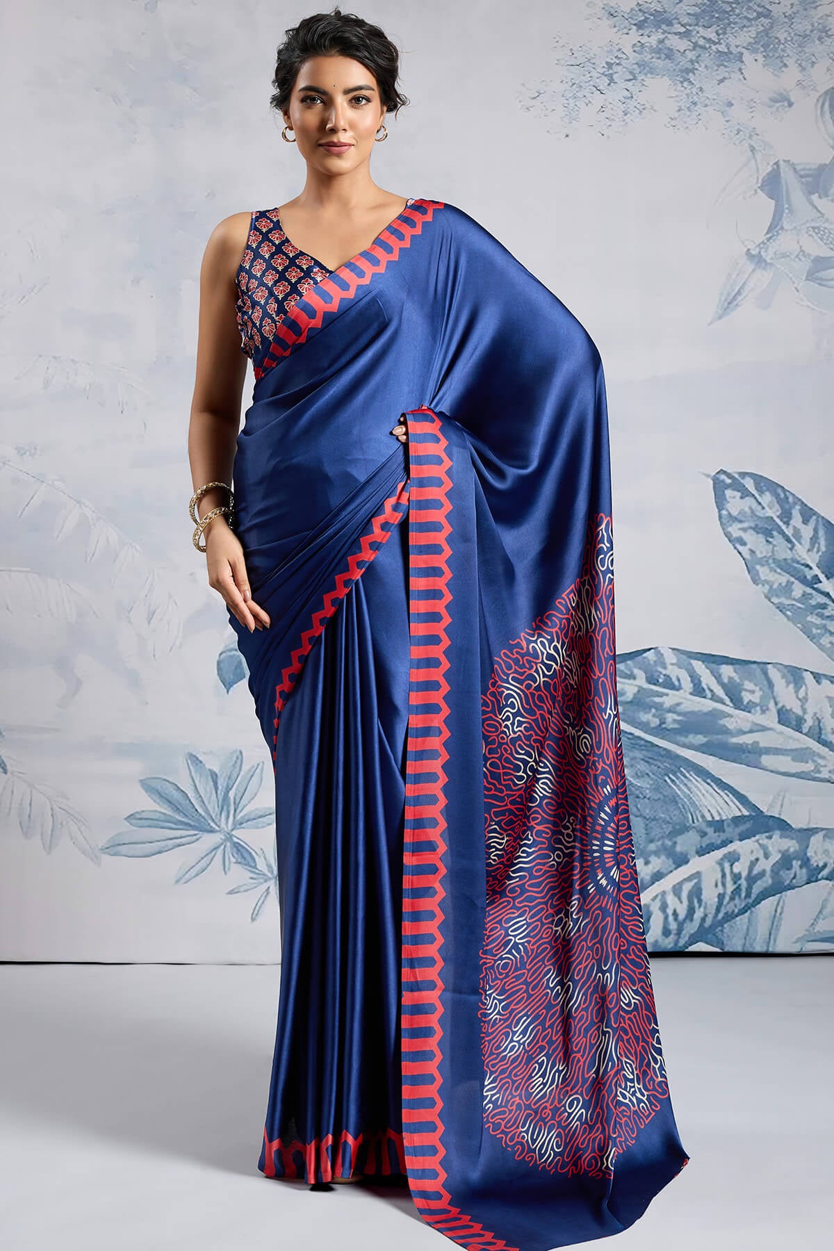 Seraglio Navy Blue Ajrakh Printed Satin Silk Saree With Dulcet Blouse Piece
