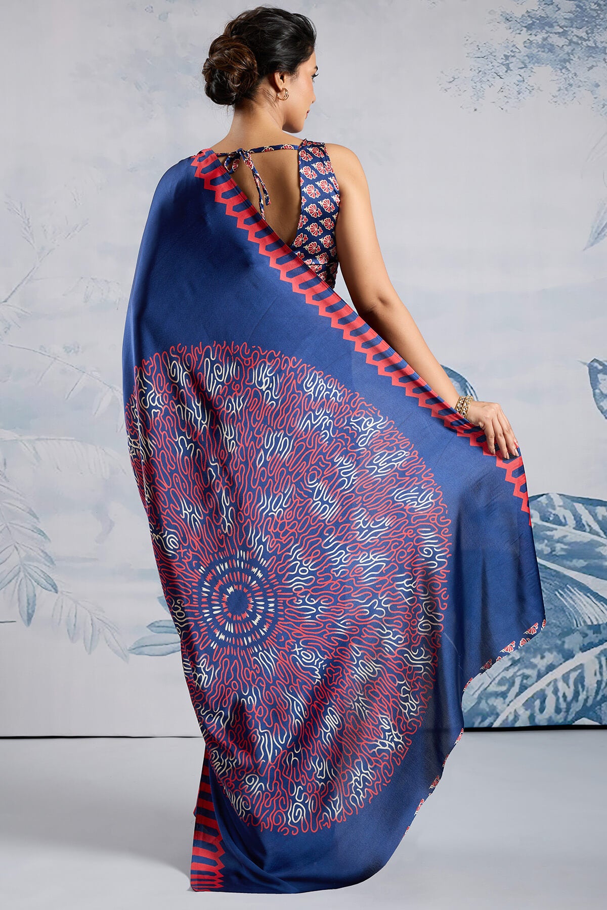 Seraglio Navy Blue Ajrakh Printed Satin Silk Saree With Dulcet Blouse Piece