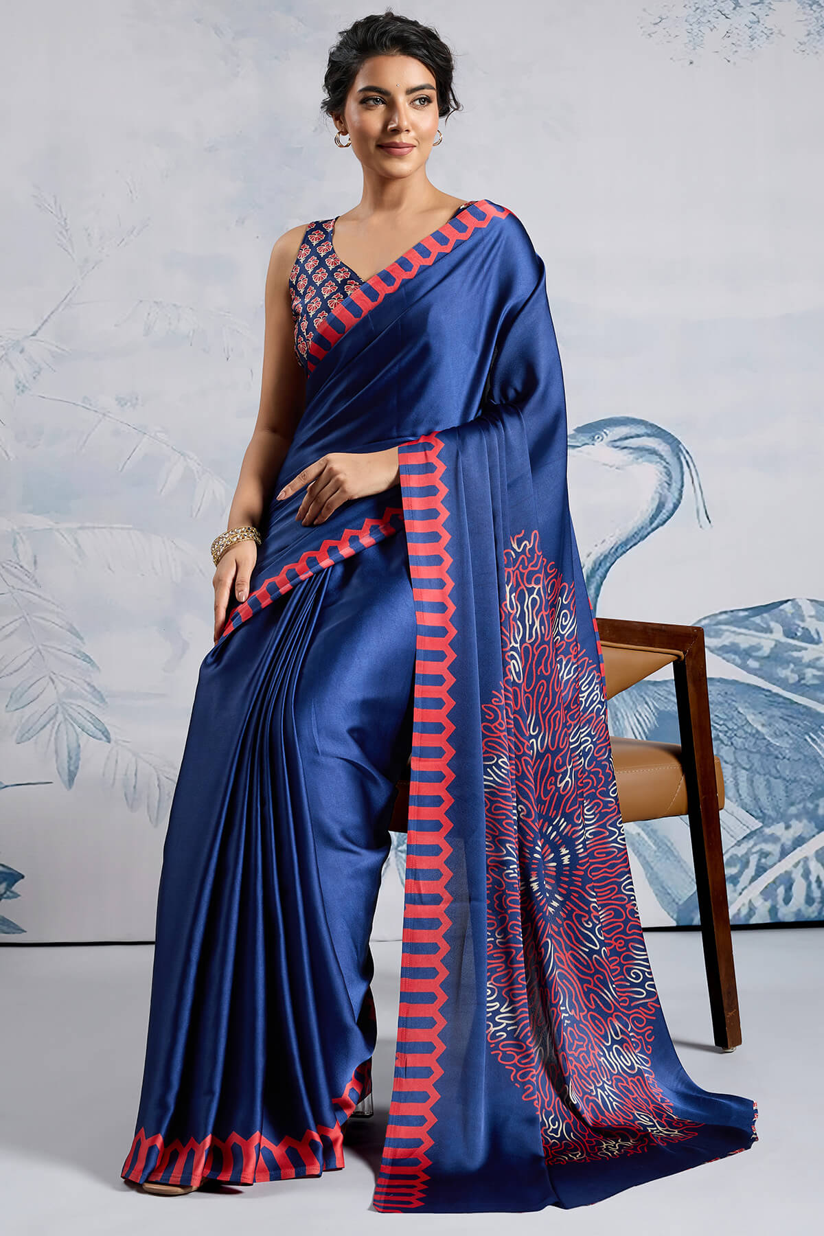 Seraglio Navy Blue Ajrakh Printed Satin Silk Saree With Dulcet Blouse Piece