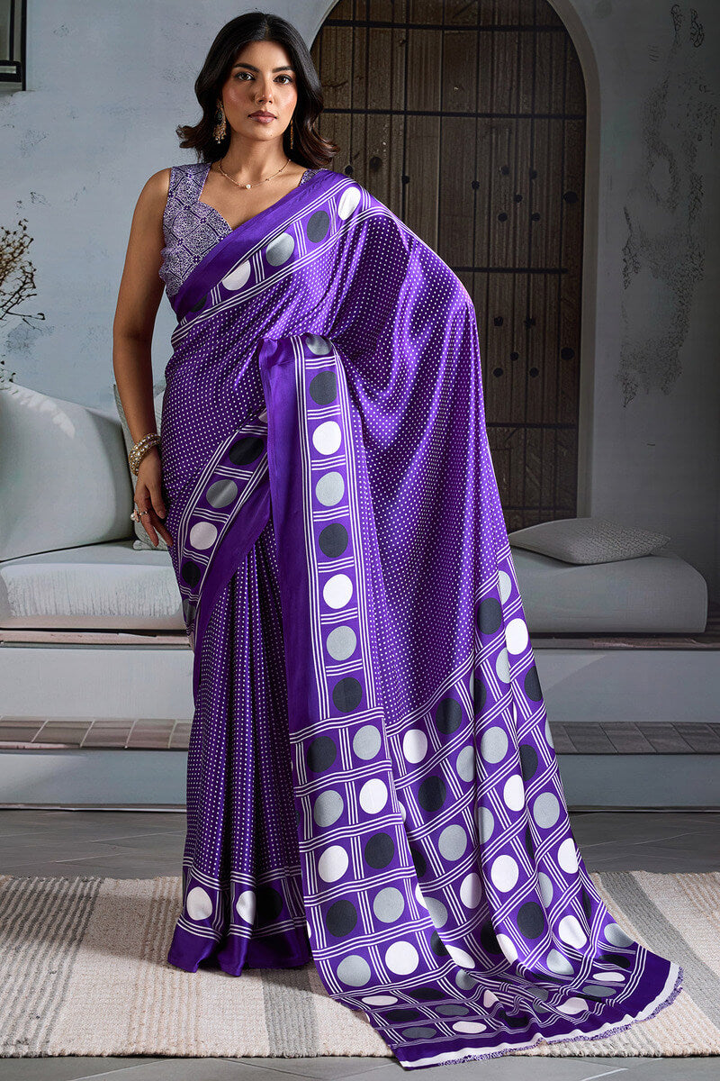 Deserving Purple Ajrakh Printed Satin Silk Saree With Lustrous Blouse Piece