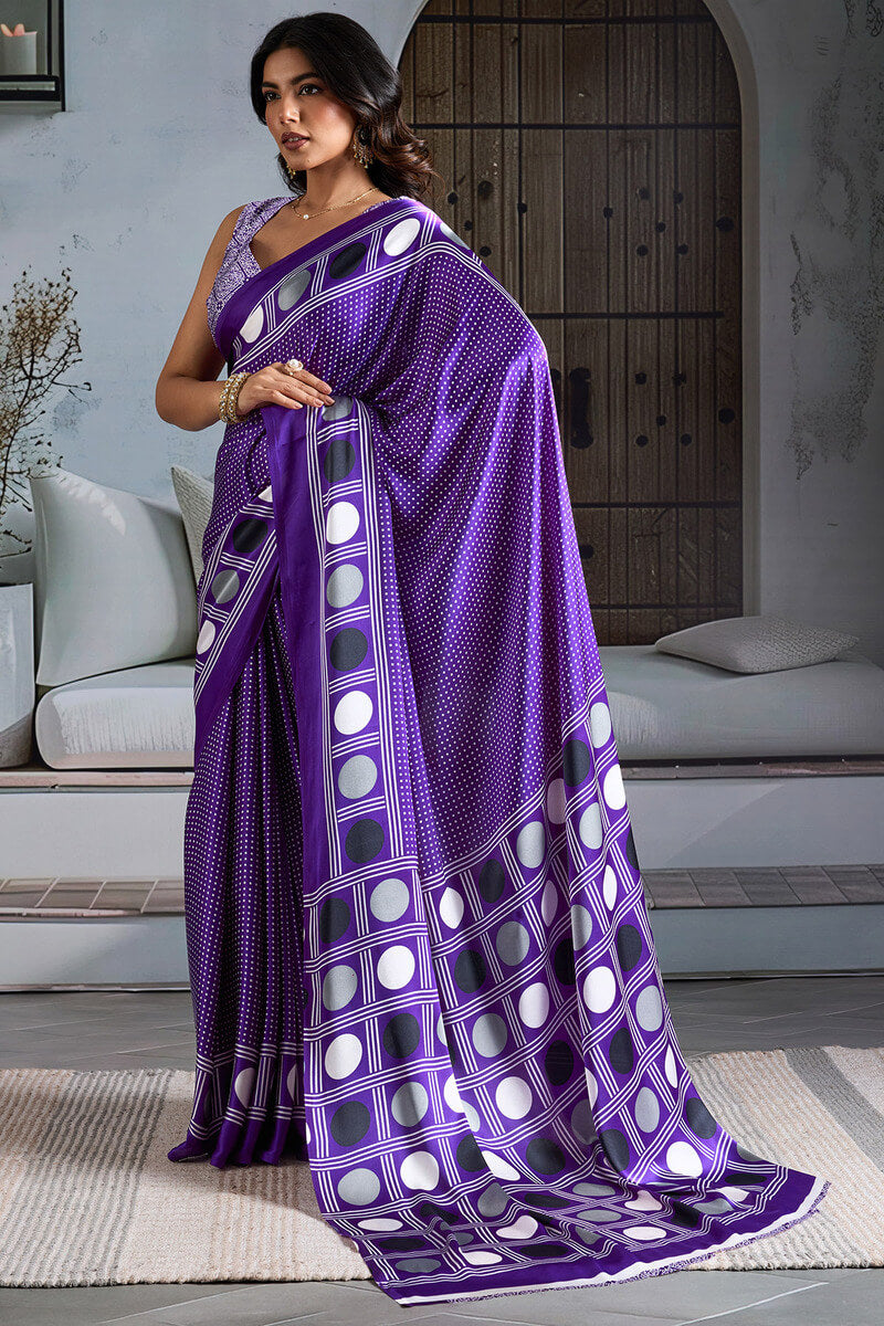 Deserving Purple Ajrakh Printed Satin Silk Saree With Lustrous Blouse Piece
