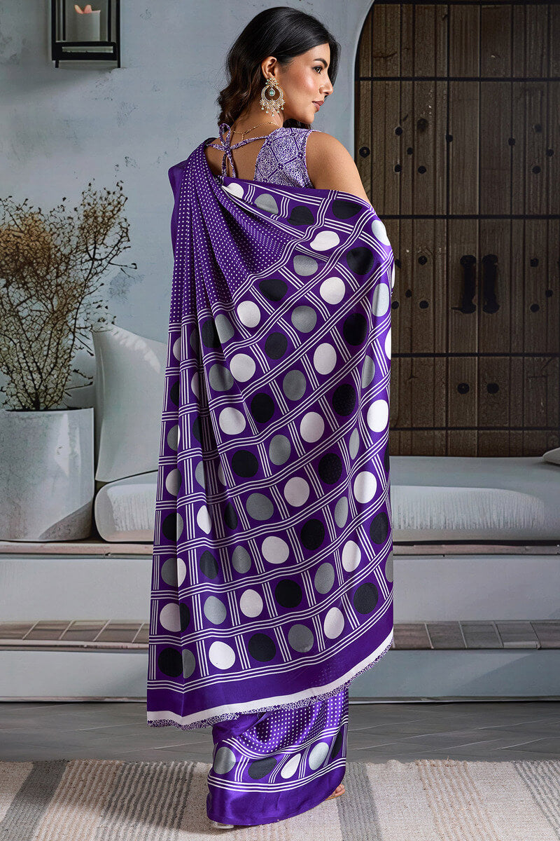 Deserving Purple Ajrakh Printed Satin Silk Saree With Lustrous Blouse Piece