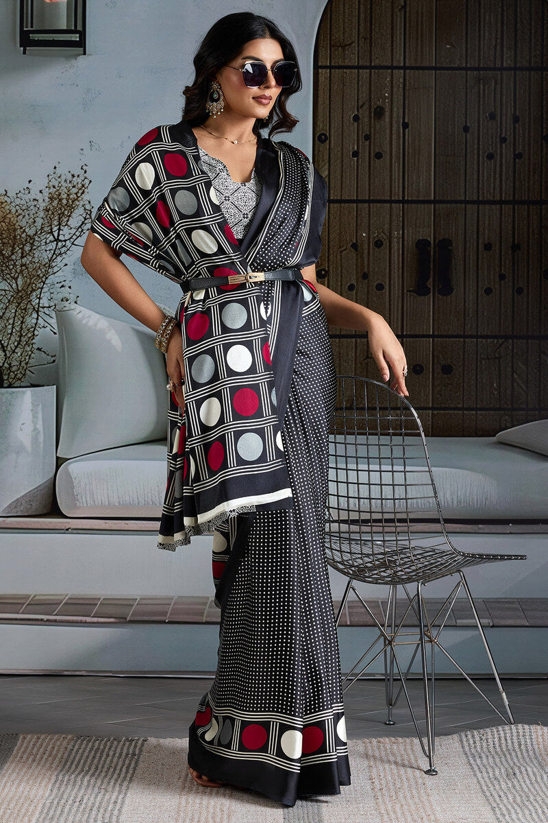 Super classy Black Ajrakh Printed Satin Silk Saree With Quintessential Blouse Piece