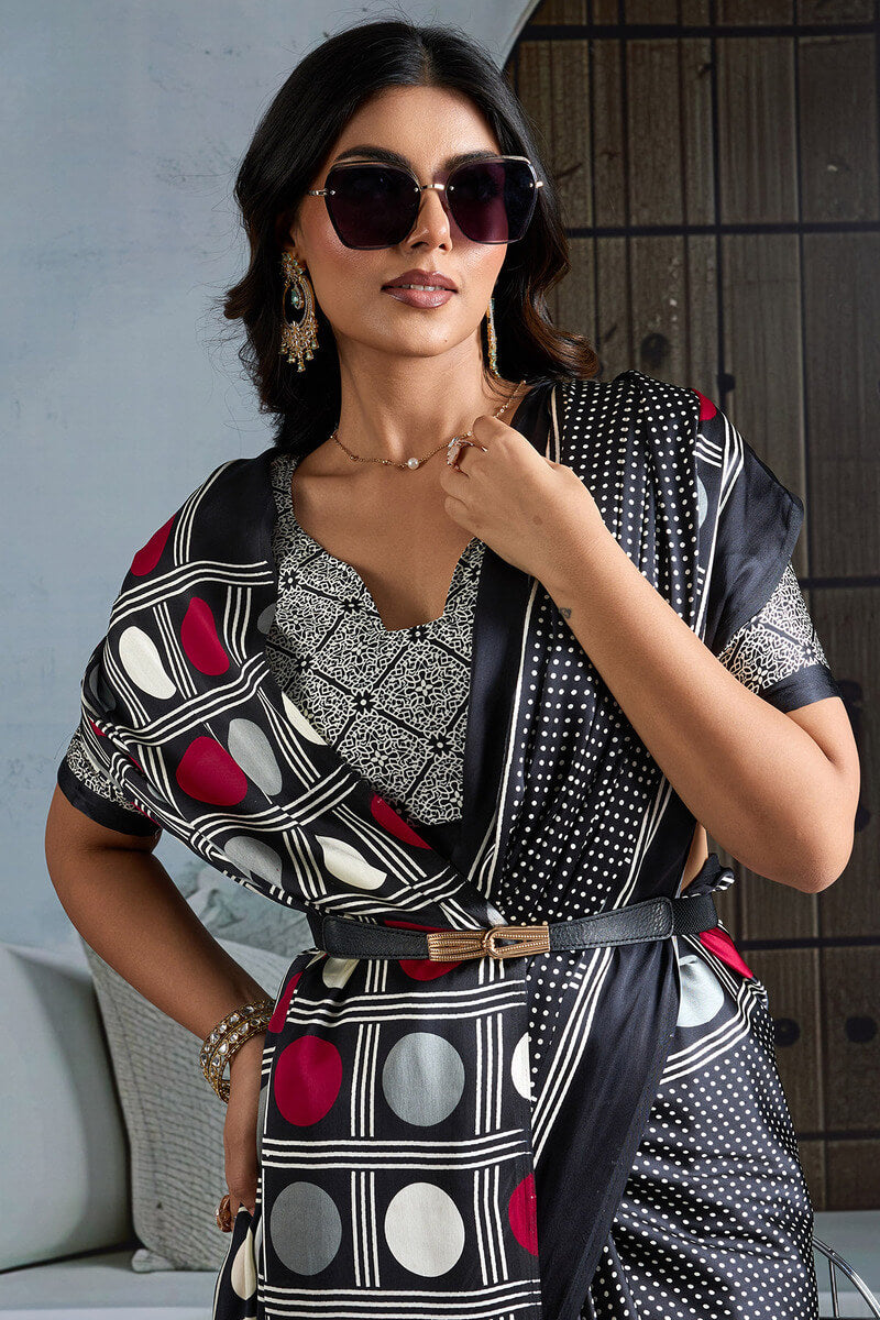 Super classy Black Ajrakh Printed Satin Silk Saree With Quintessential Blouse Piece