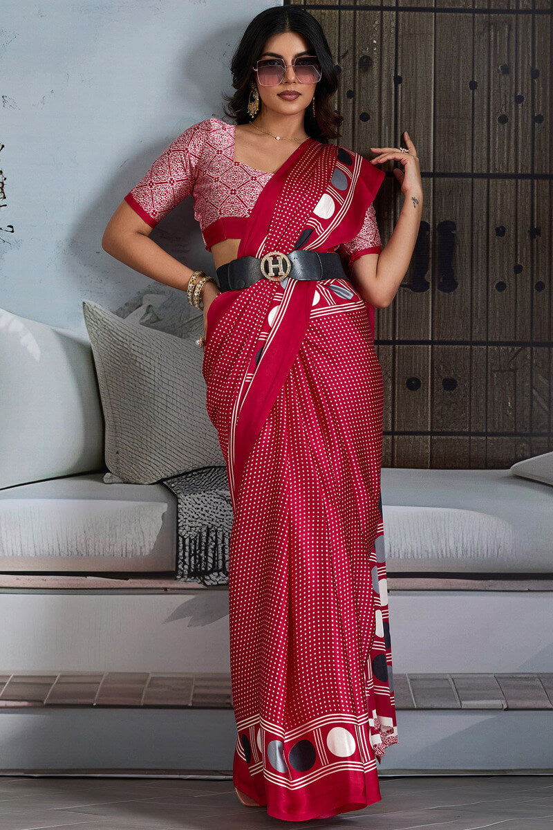 Exceptional Red Ajrakh Printed Satin Silk Saree With Scintillating Blouse Piece