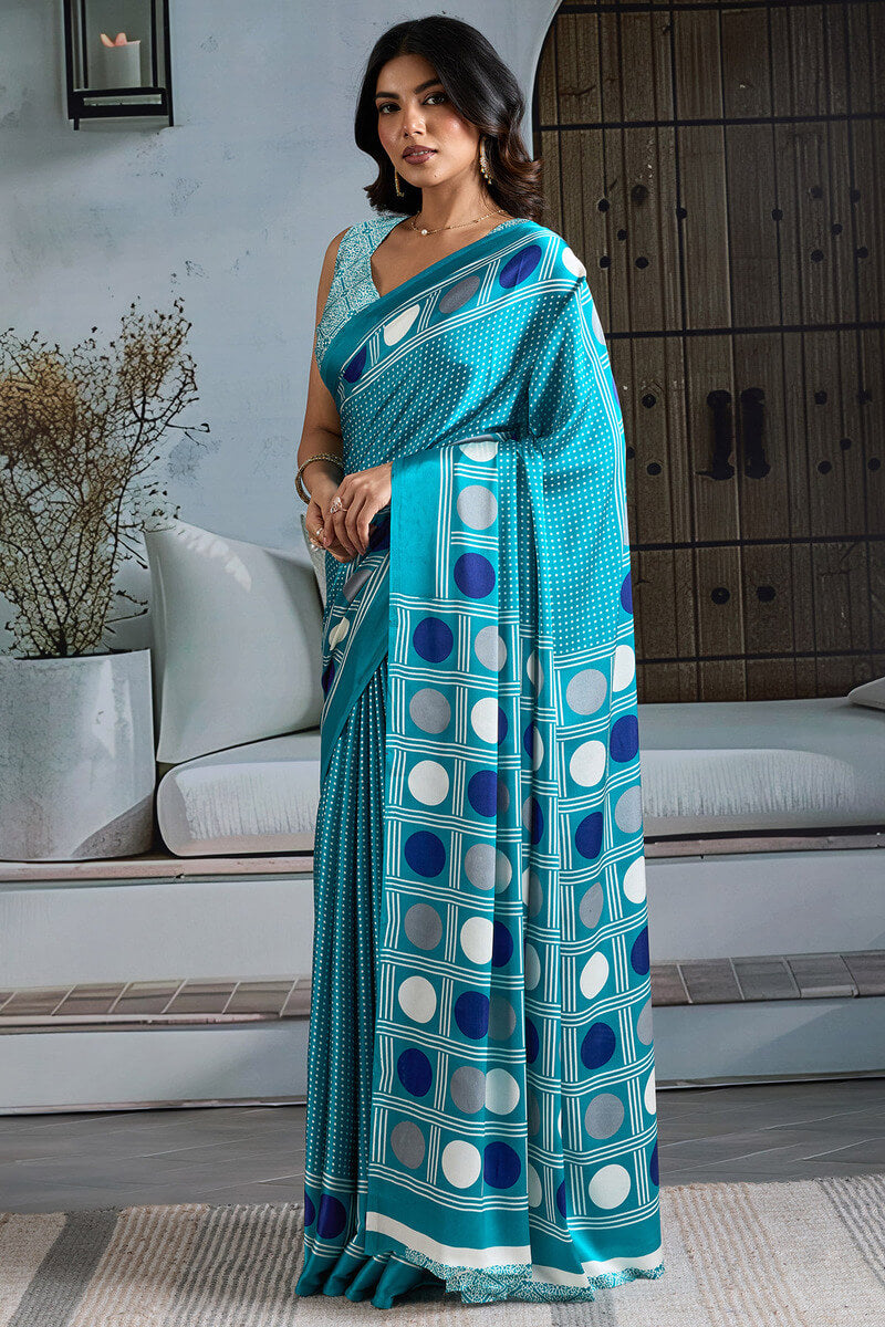 Ratatouille Firozi Ajrakh Printed Satin Silk Saree With Allure Blouse Piece