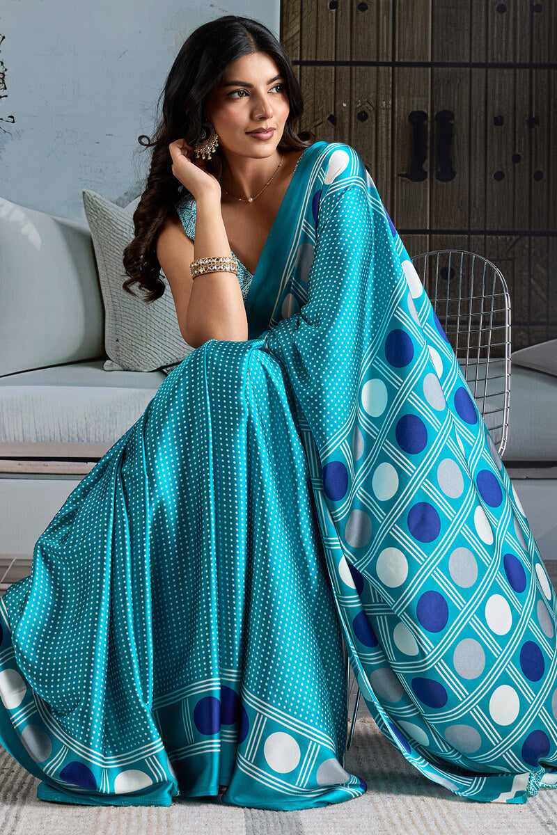 Ratatouille Firozi Ajrakh Printed Satin Silk Saree With Allure Blouse Piece