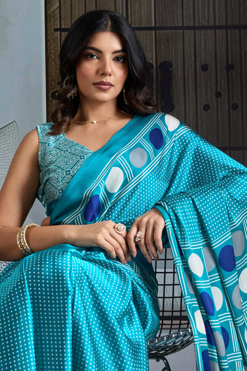 Ratatouille Firozi Ajrakh Printed Satin Silk Saree With Allure Blouse Piece