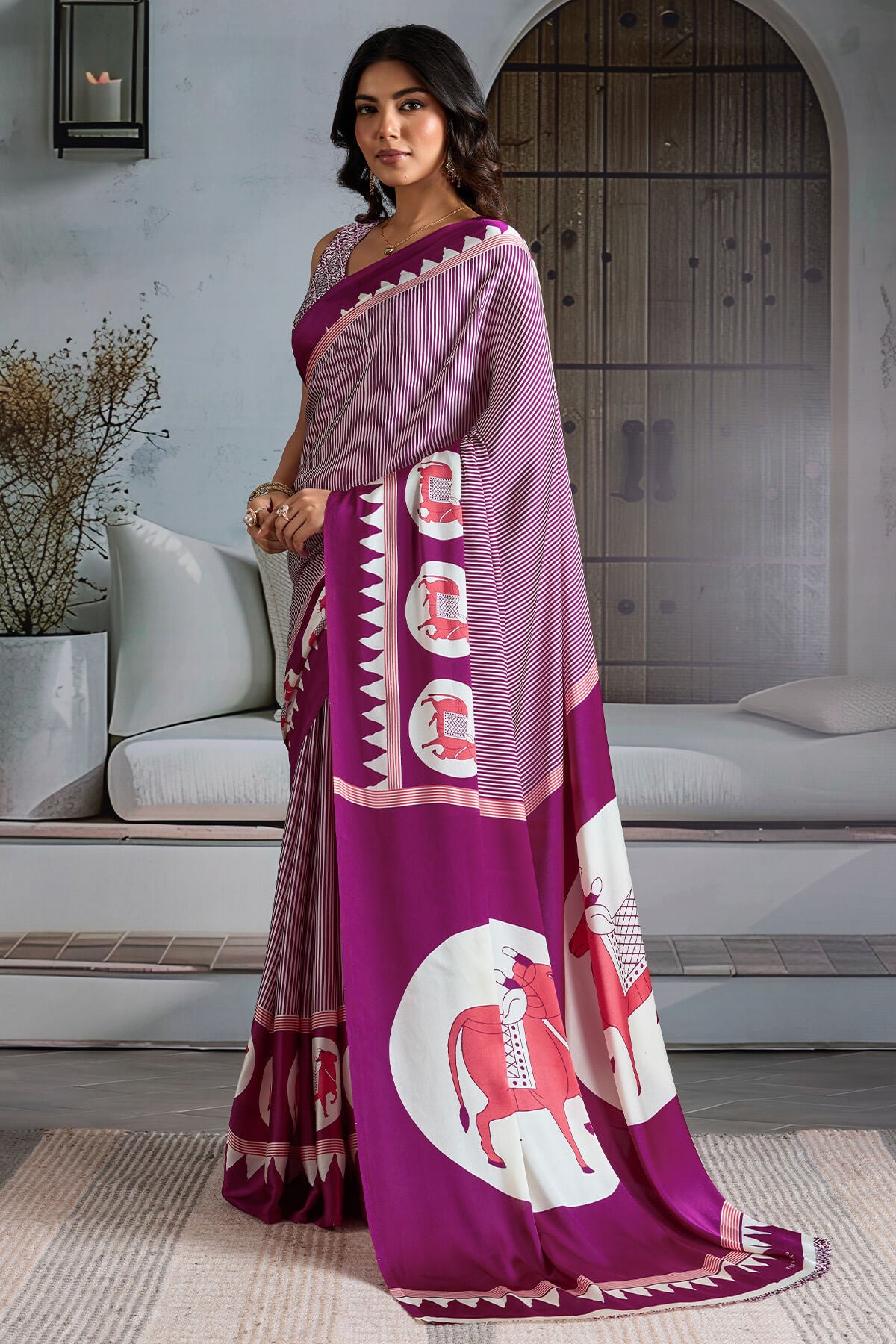 Lagniappe Wine Ajrakh Printed Satin Silk Saree With Diaphanous Blouse Piece