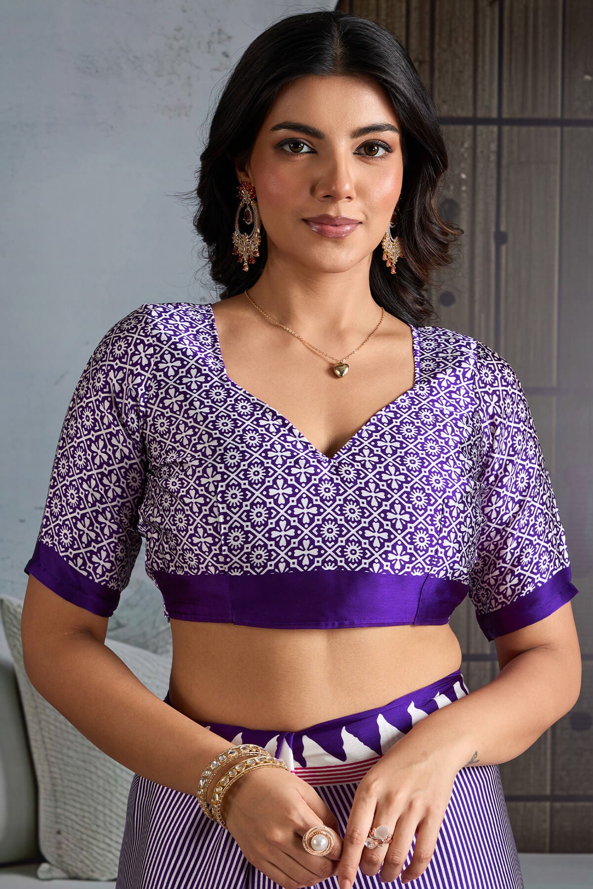 Innovative Purple Ajrakh Printed Satin Silk Saree With Transcendent Blouse Piece