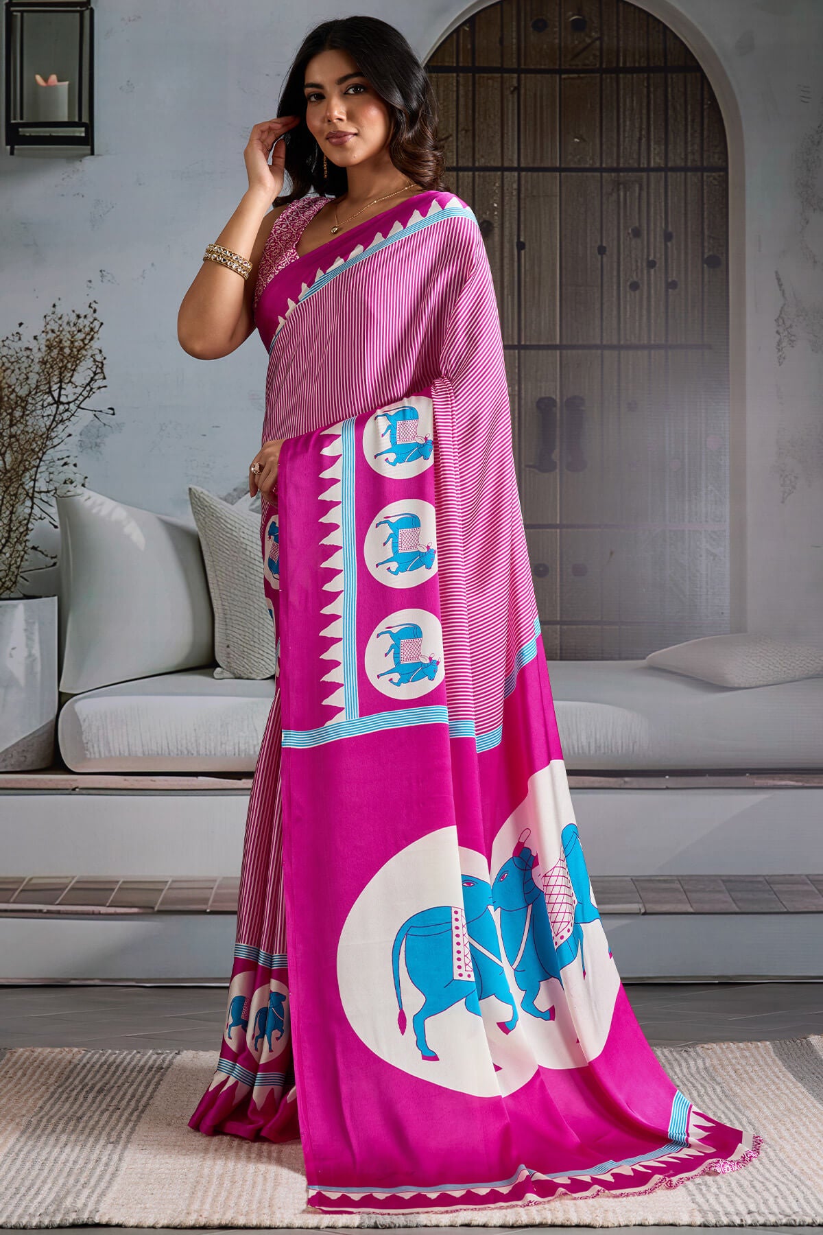 Glittering Dark Pink Ajrakh Printed Satin Silk Saree With Pretty Blouse Piece